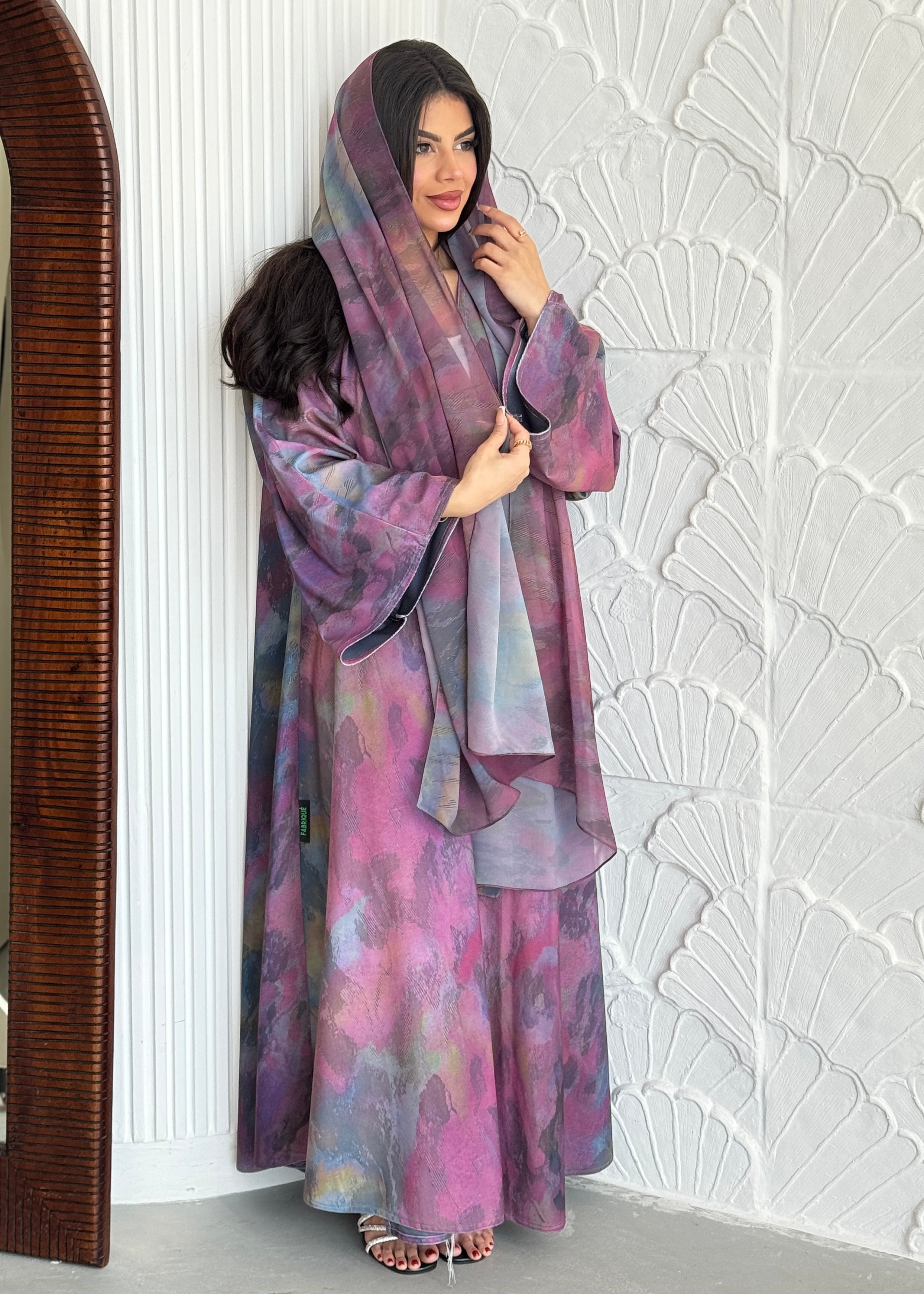 FAB242-Pink Patterned Printed Velvet A-Cut Abaya Set