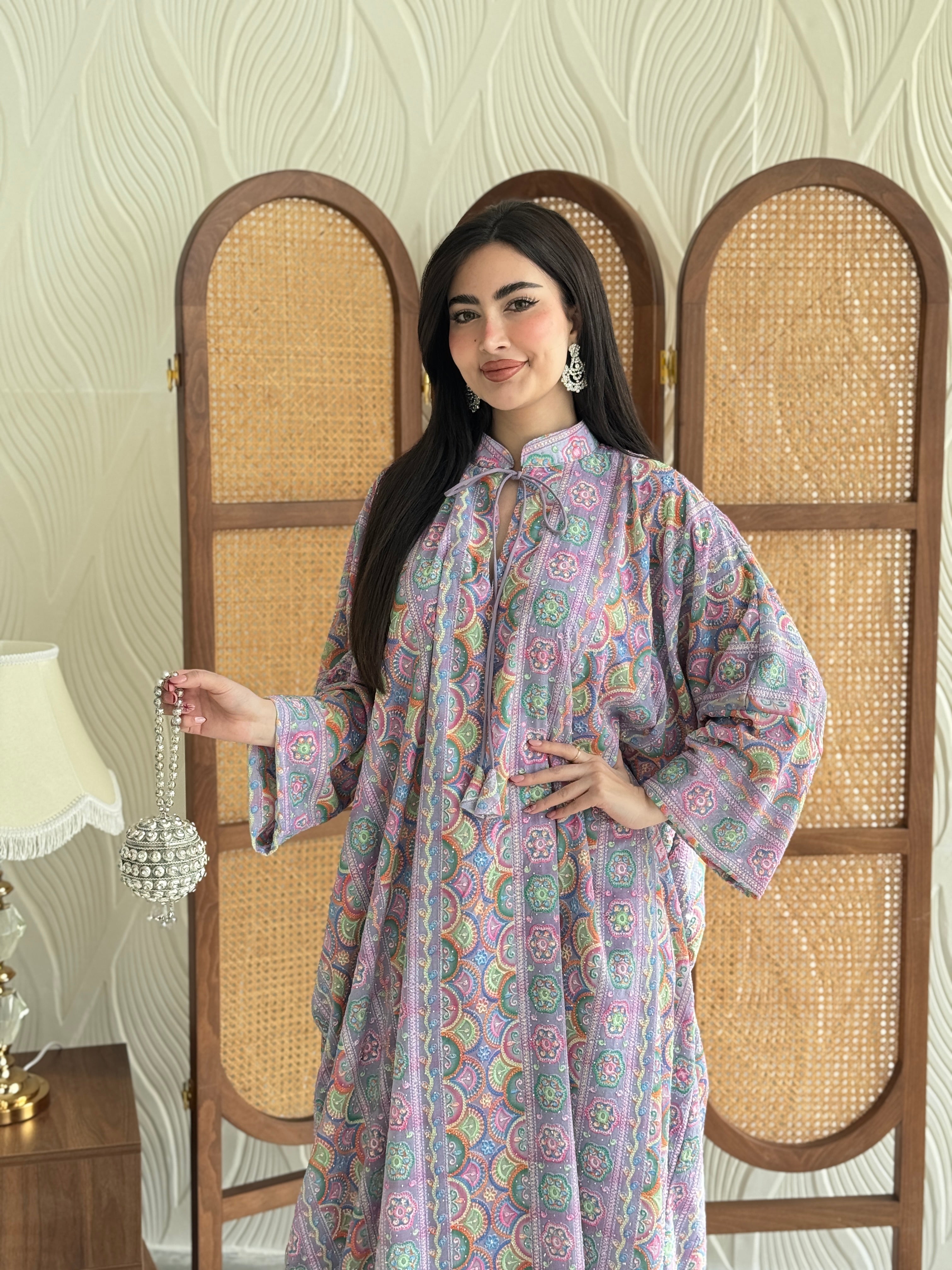 FAB278-Light Purple free size colorful crystals chiffon jalabiya and tie-neck detail