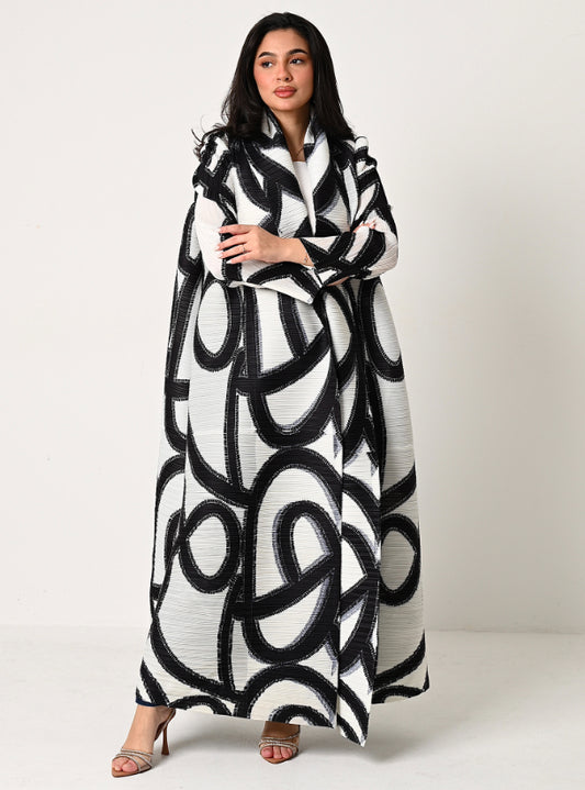 FAB110 - Black and White Patterned Pleats Abaya