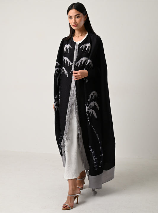 FAB123 - Black Palm-fringed pleats abaya