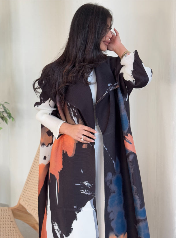 FAB142 - Black Orange Pattern Pleats Abaya