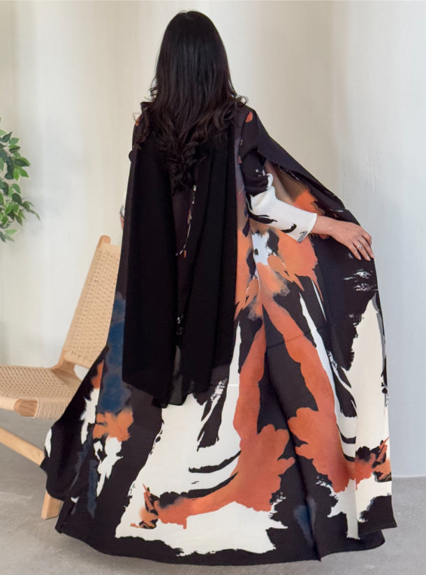 FAB142 - Black Orange Pattern Pleats Abaya