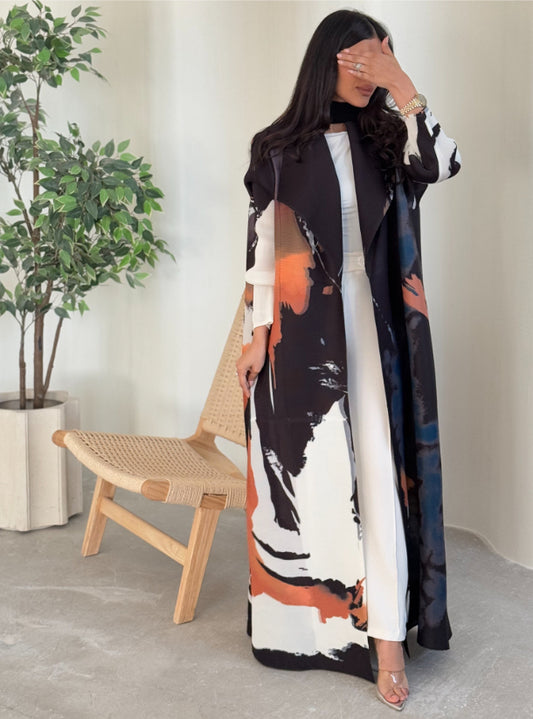 FAB142 - Black Orange Pattern Pleats Abaya