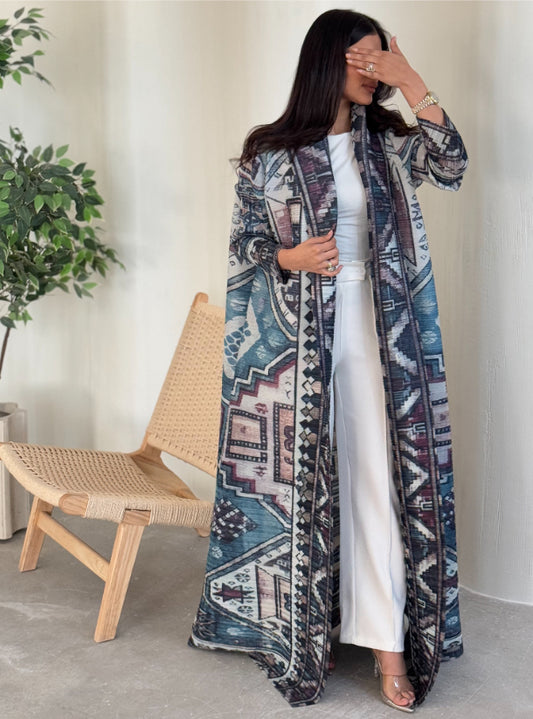 FAB144 - Turquoise Pattern Pleats Abaya