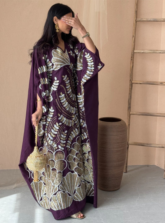 FAB150 - Plum linen Embroidered Shak Kaftan