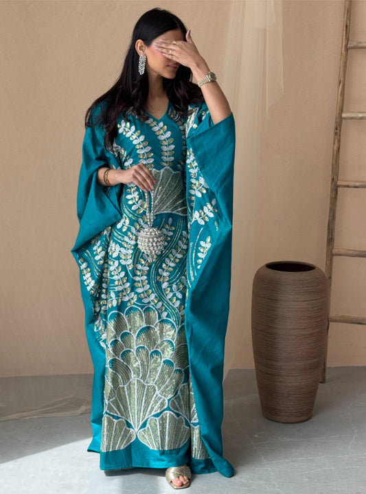 FAB151- Turquoise Linen Embroidered Shak Kaftan