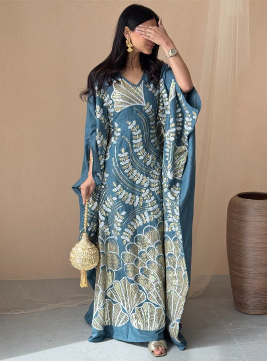 FAB152 - Blue Grey Linen Embroidered Shak Kaftan