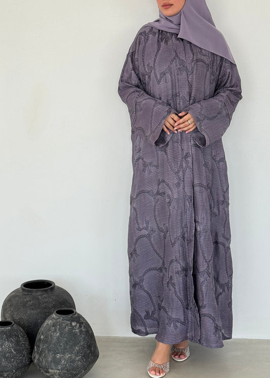 FAB219- Purple Ribbon Embroidery Linen Abaya with headscarf