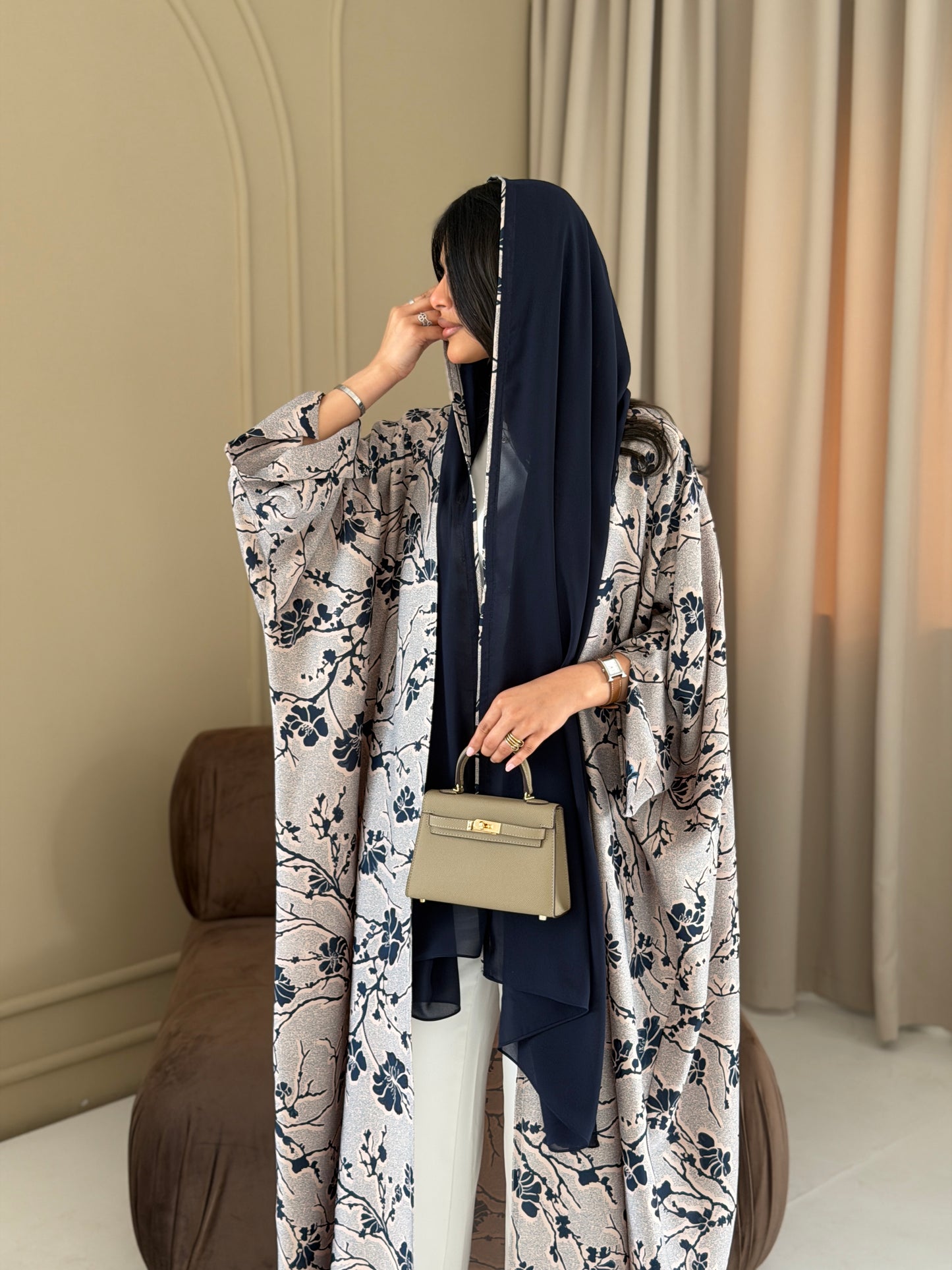 FAB285- Beige Floral Print Half Bisbt Abaya with pipping headscarf