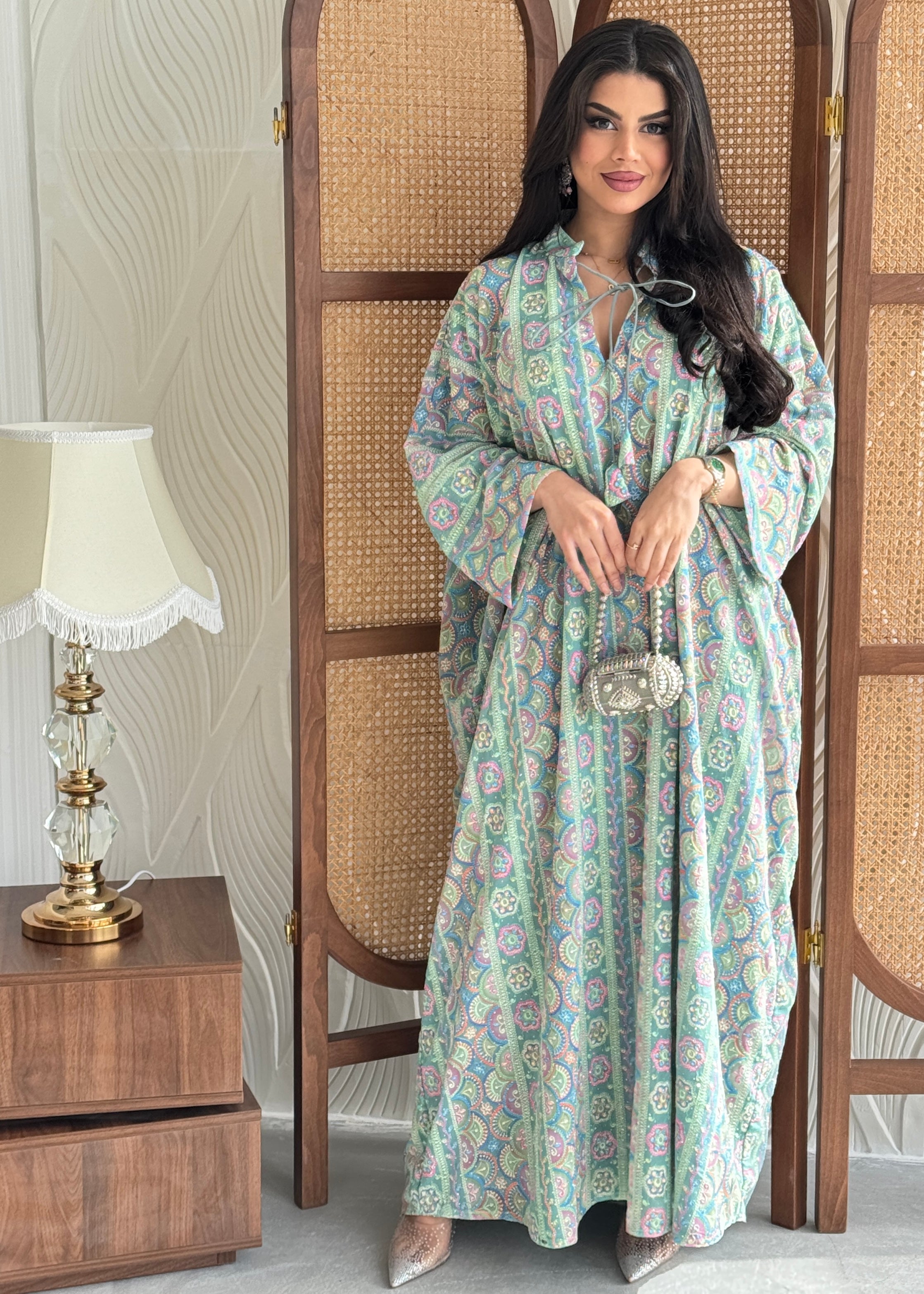 FAB279-Green free size colorful crystals chiffon jalabiya and tie-neck detail