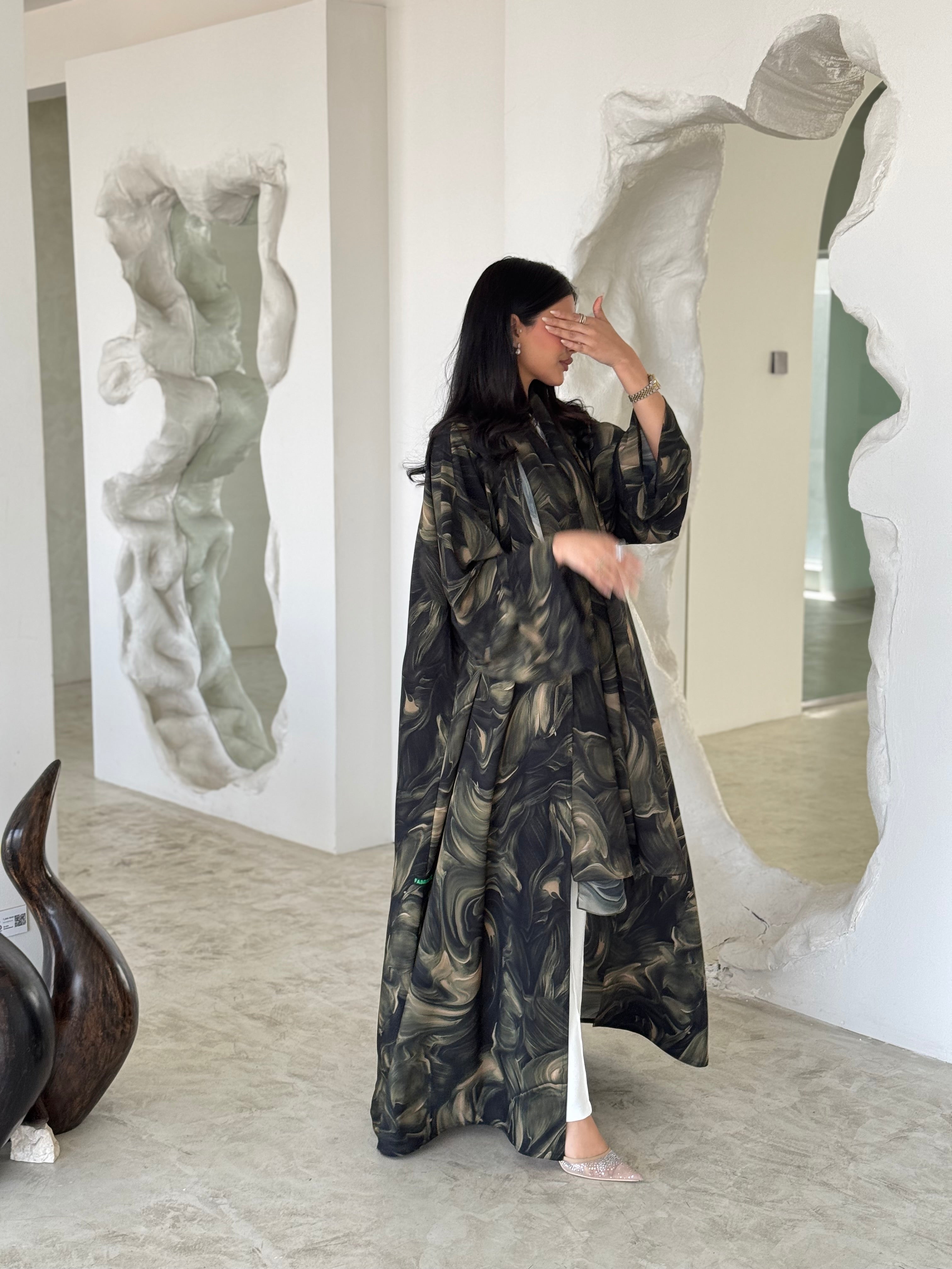 READY TO SHIP- FAB172- Green Pattern Crepe Summer Abaya with matching headscarf