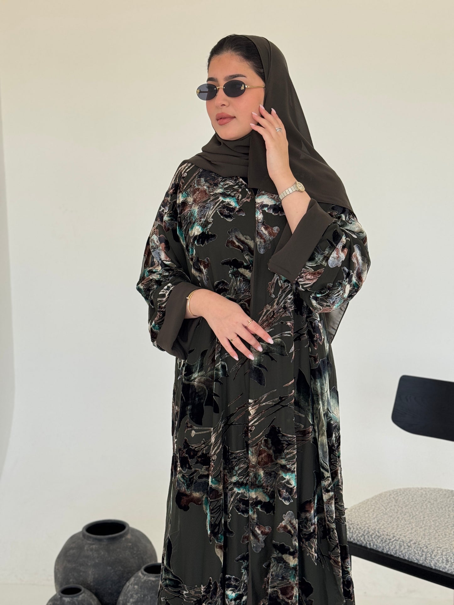 FAB232- Green Chiffon with Velvet Print Abaya with headscarf