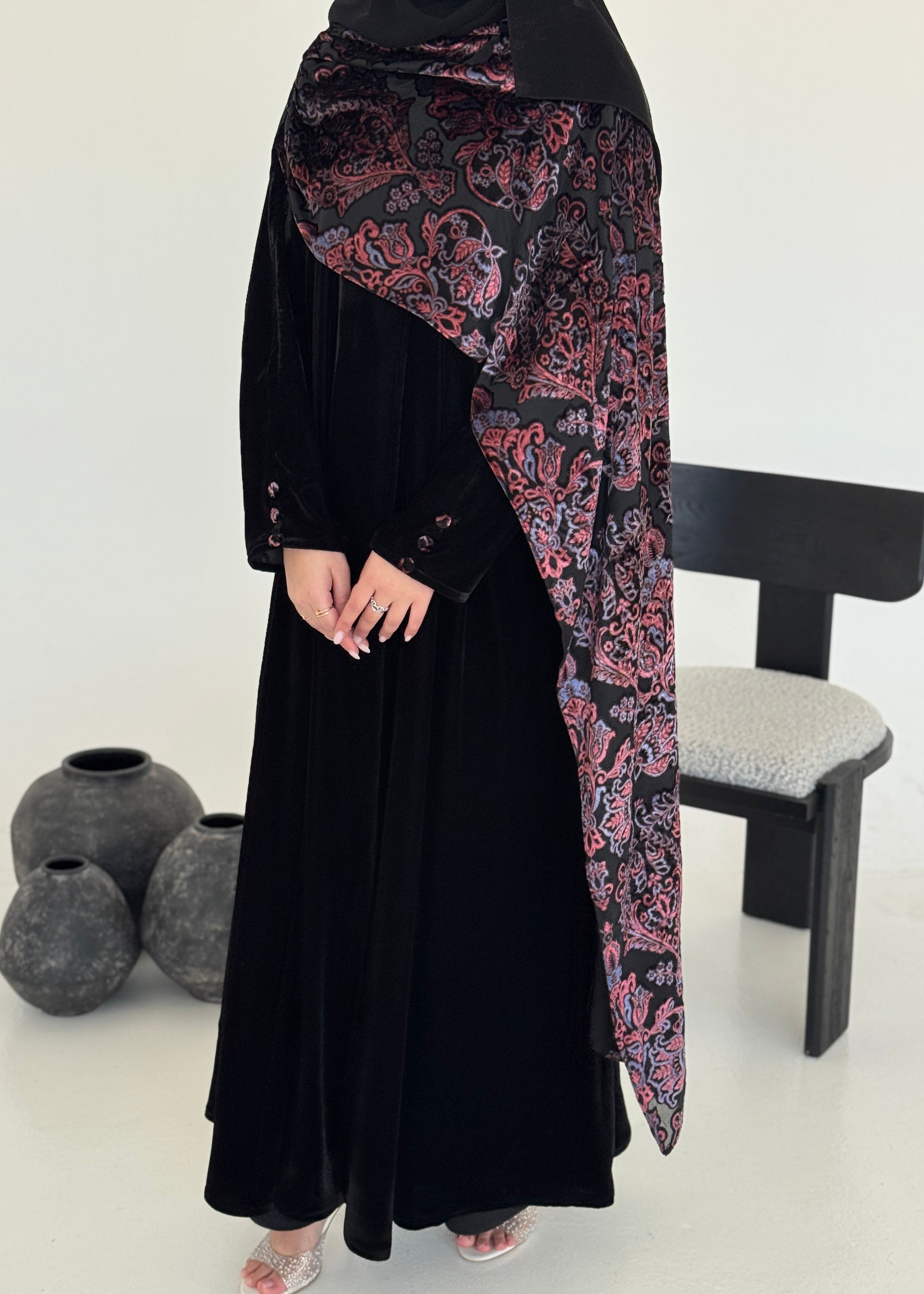 FAB229- Black Velvet Abaya with Maroon Velvet Chiffon Shawl with matching headscarf