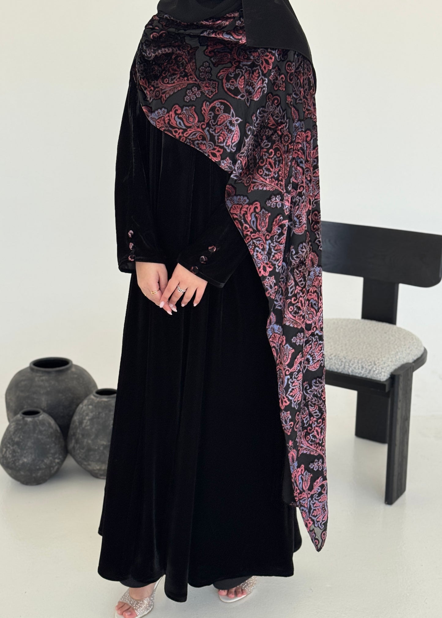 FAB229- Black Velvet Abaya with Maroon Velvet Chiffon Shawl with matching headscarf