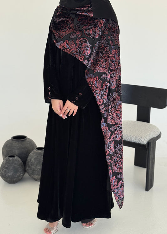 FAB229- Black Velvet Abaya with Maroon Velvet Chiffon Shawl with matching headscarf