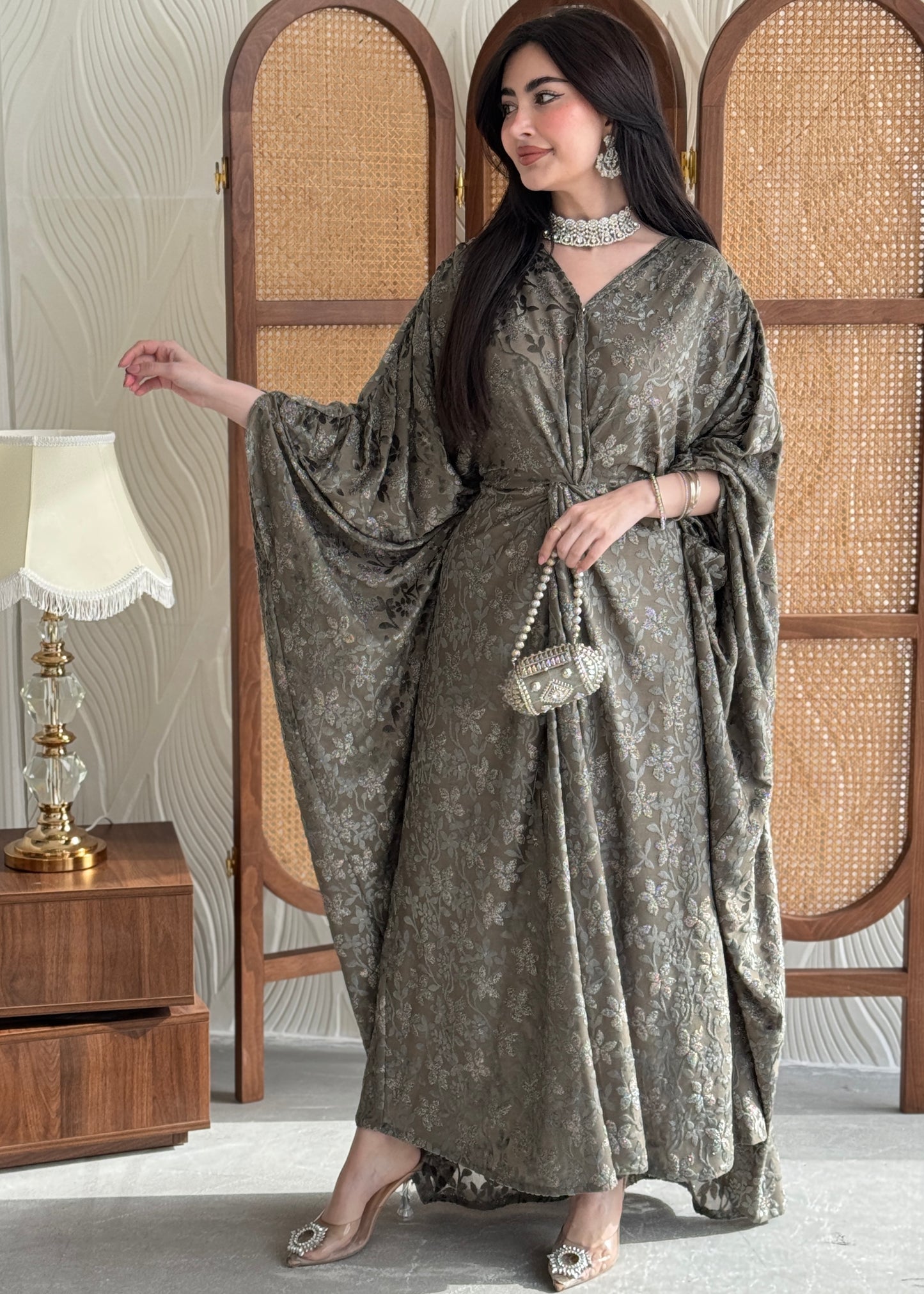 FAB259- Bronze Olive wrap jalabiya with velvet floral shimmer