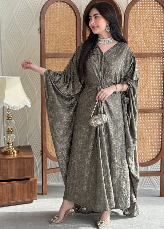 FAB259- Bronze Olive wrap jalabiya with velvet floral shimmer