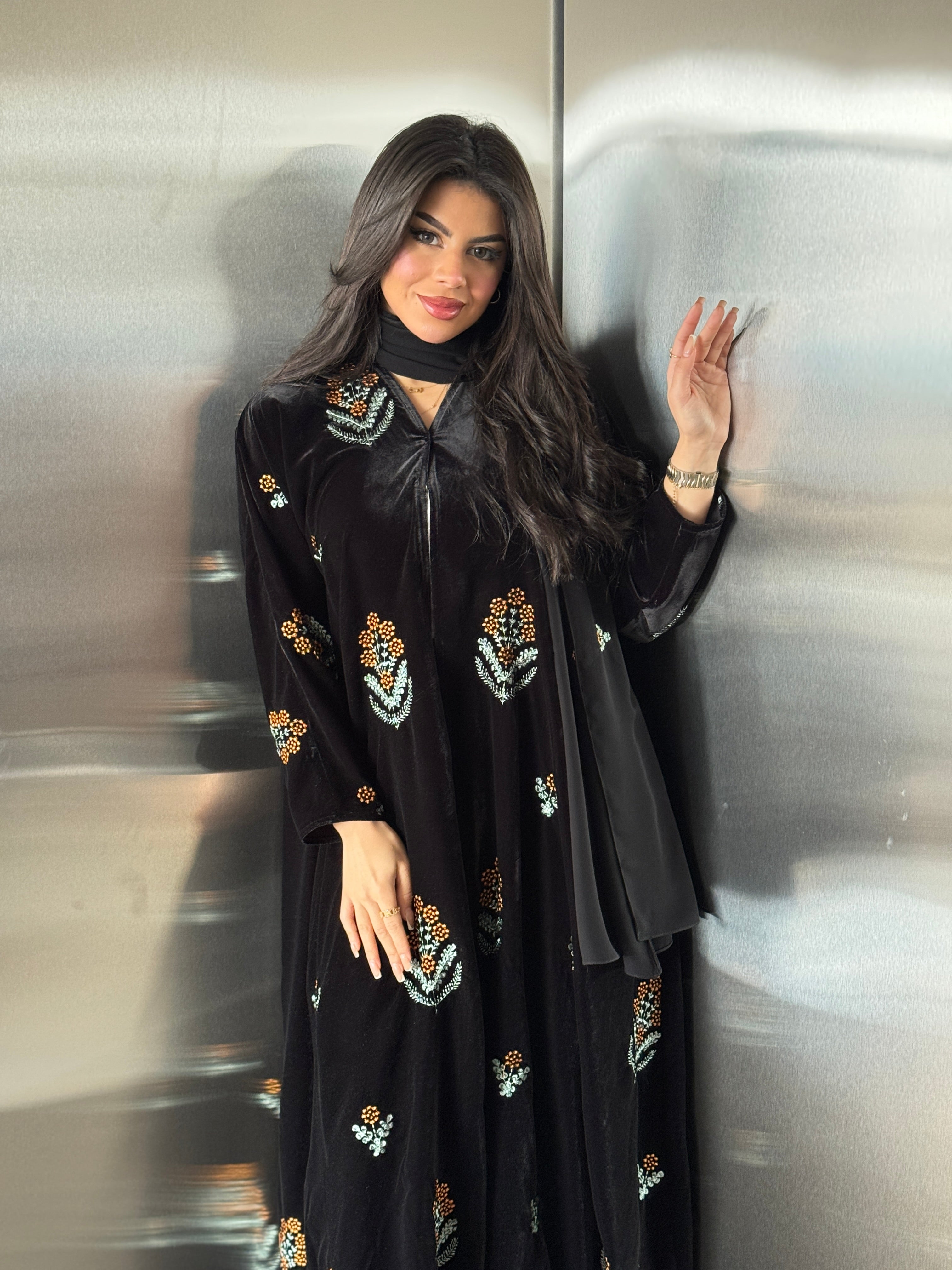 FAB247- Black Velvet with Orange Embroidery A-Cut Abaya Set