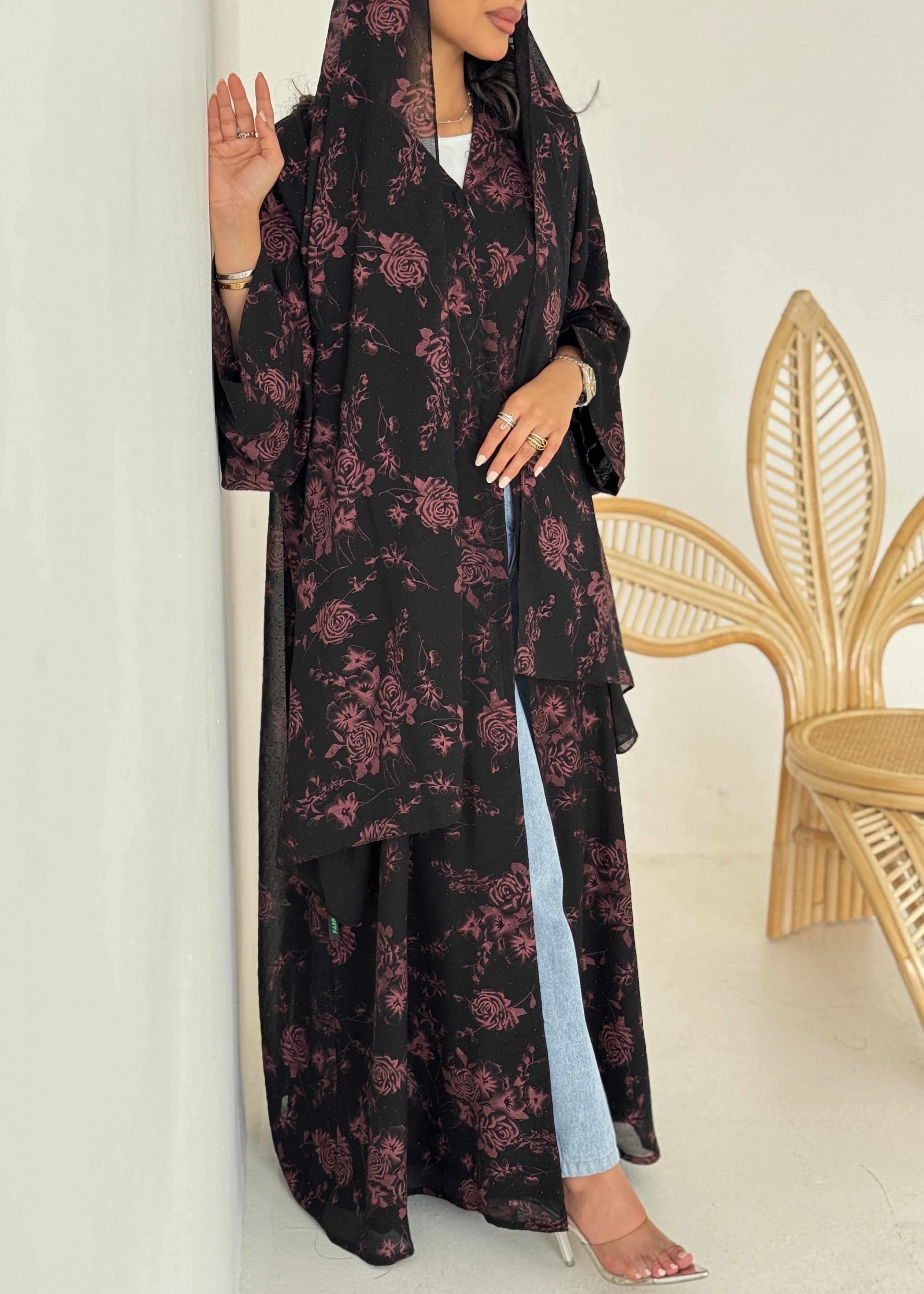 FAB202-Red Black Chiffon Pattern Summer Abaya with headscarf