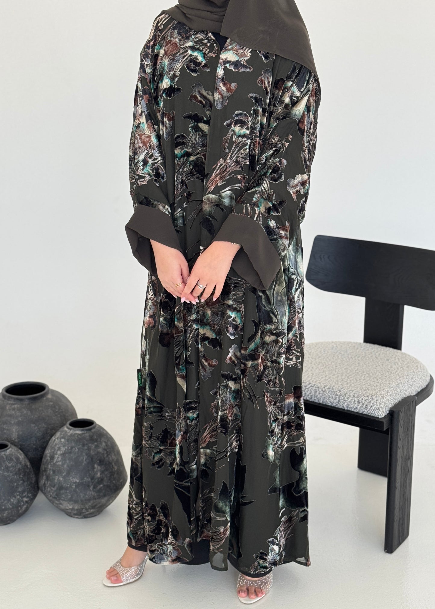 FAB232- Green Chiffon with Velvet Print Abaya with headscarf