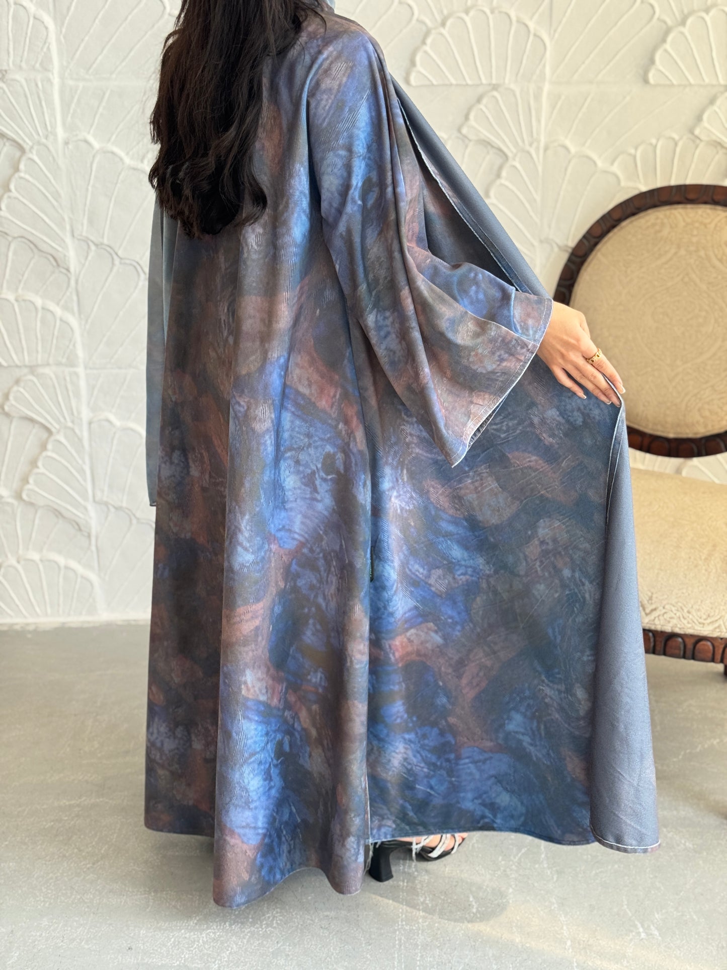 FAB240-Grey Patterned Printed Velvet A-Cut Abaya Set