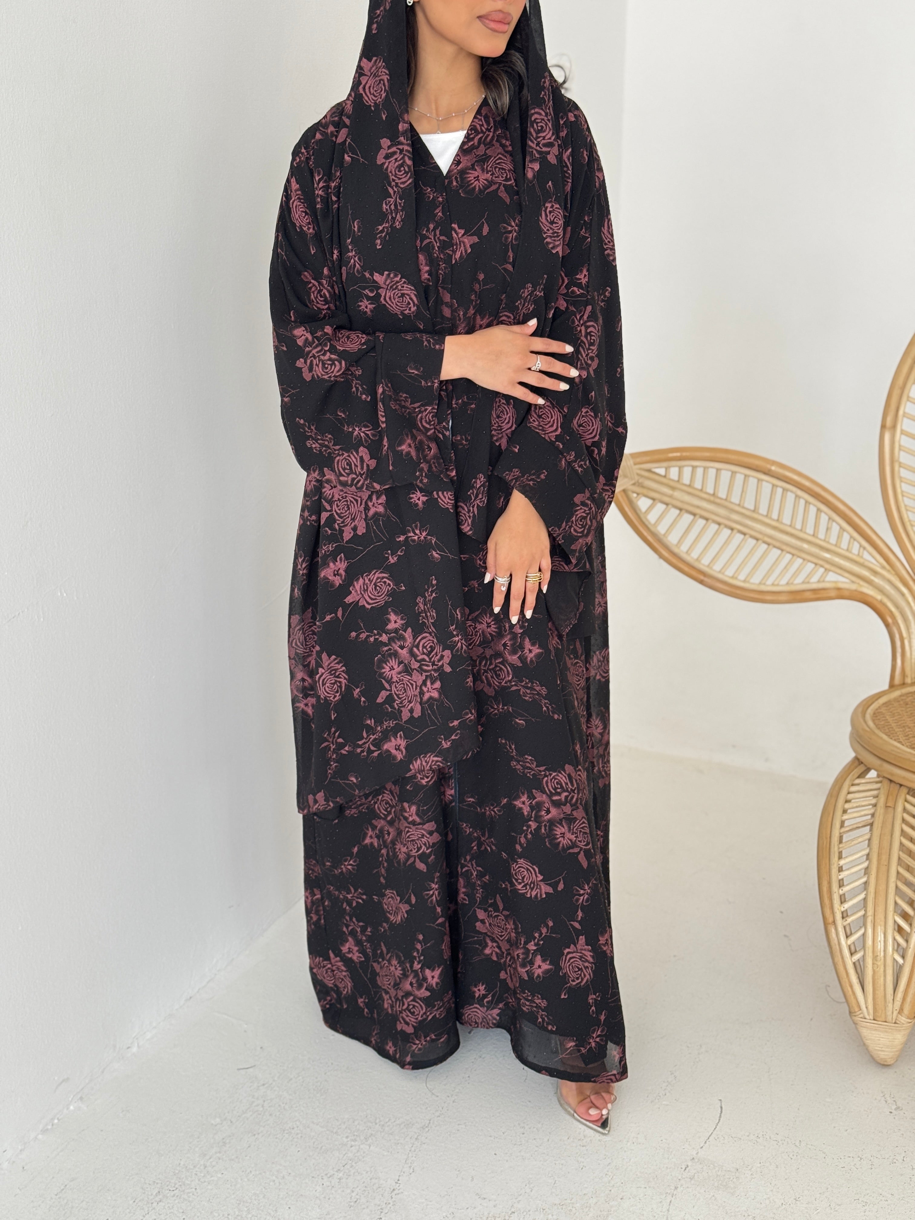 FAB202-Red Black Chiffon Pattern Summer Abaya with headscarf