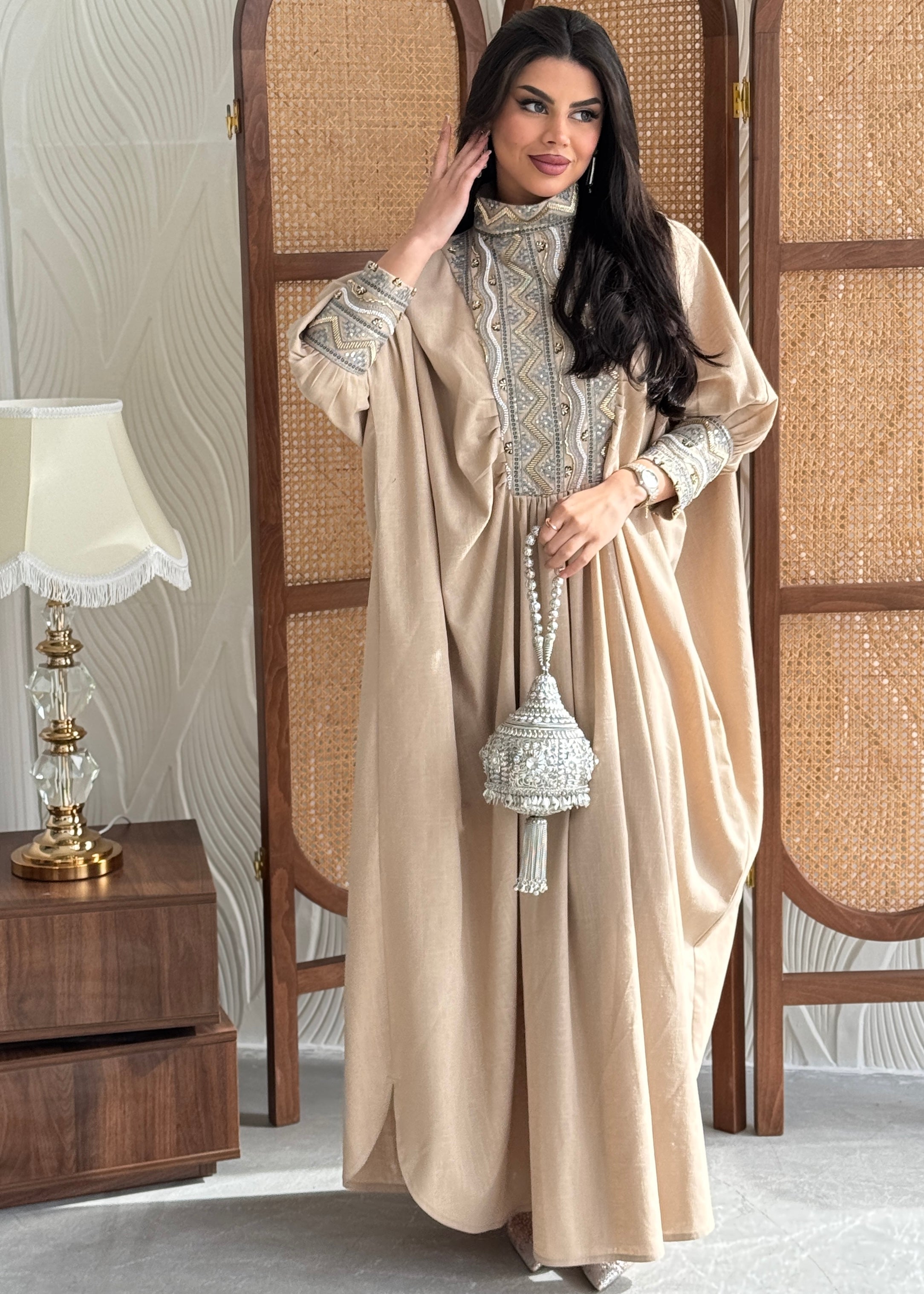 FAB281-Luxurious Beige pure linen high neck jalabiya with full beaded silver embroidery
