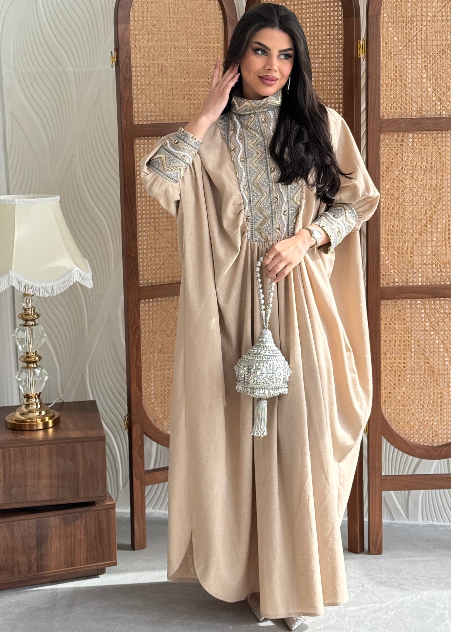 FAB281-Luxurious Beige pure linen high neck jalabiya with full beaded silver embroidery