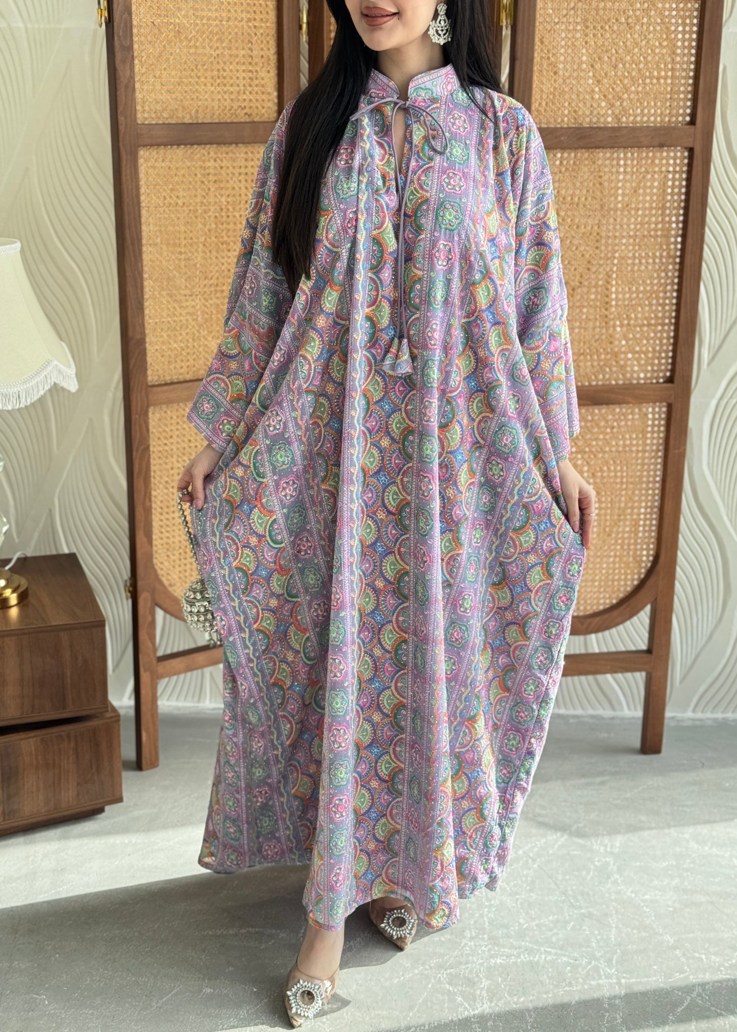 FAB278-Light Purple free size colorful crystals chiffon jalabiya and tie-neck detail