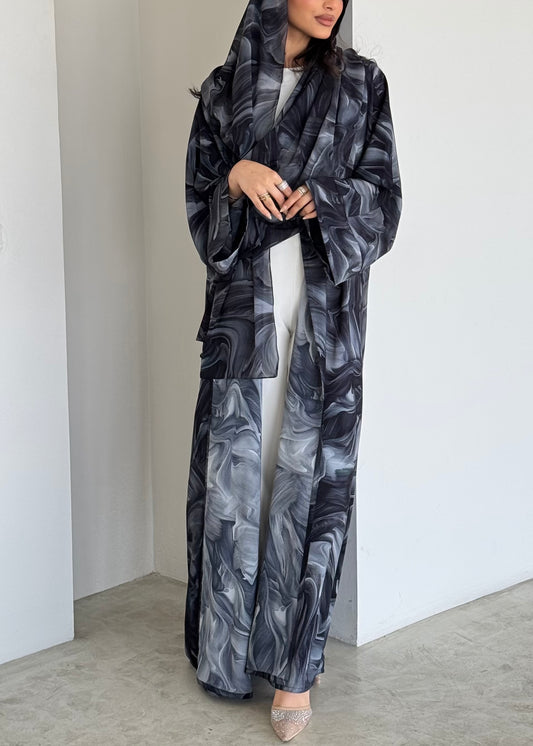 FAB173- Blue Grey Pattern Crepe Summer Abaya with matching headscarf