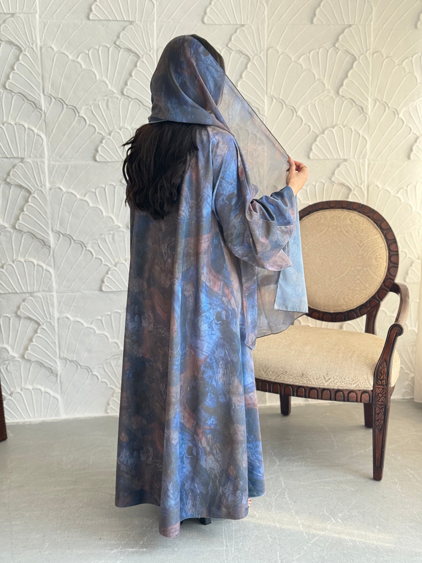 FAB240-Grey Patterned Printed Velvet A-Cut Abaya Set