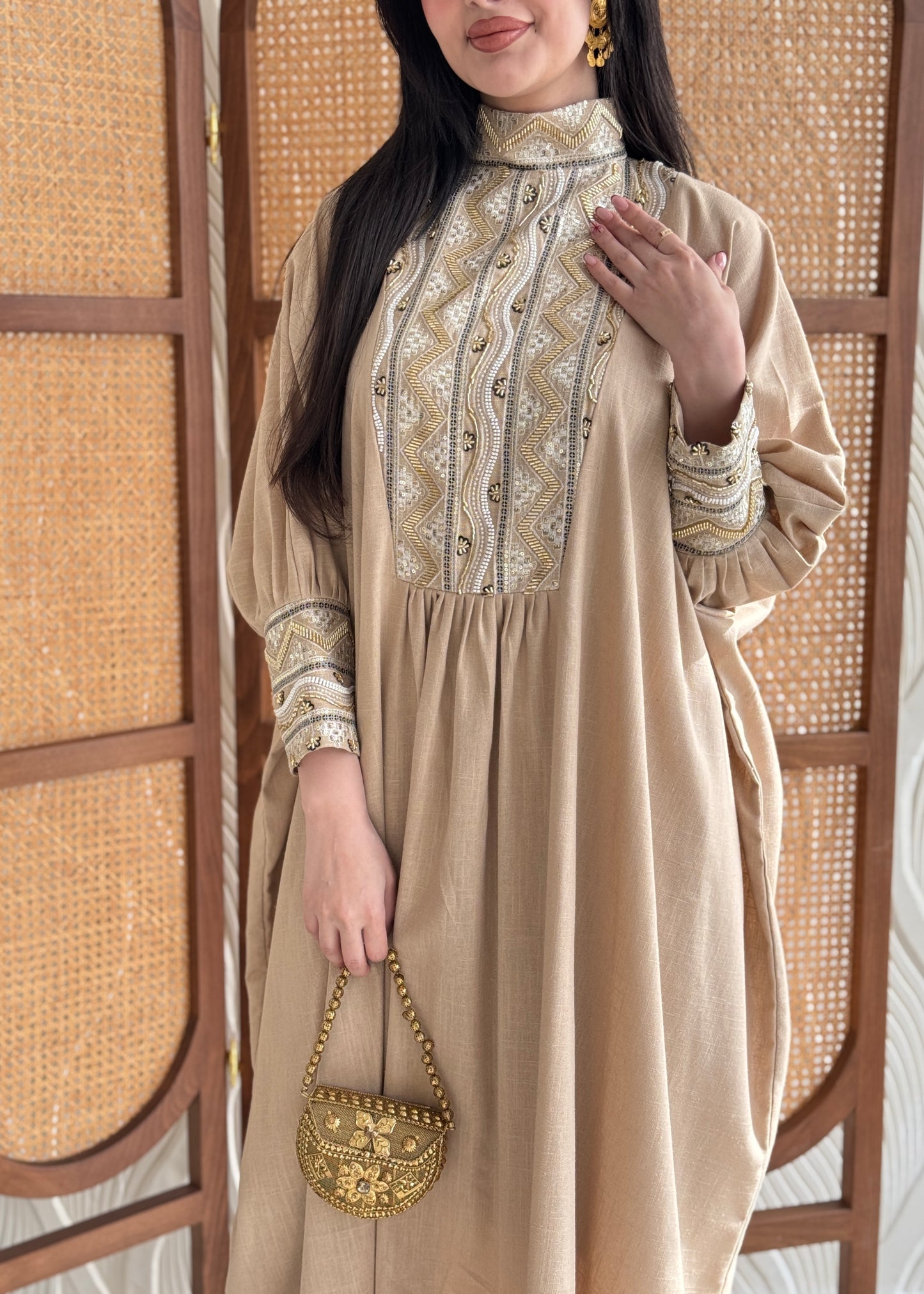 FAB282-Luxurious Beige pure linen high neck jalabiya with full beaded gold embroidery