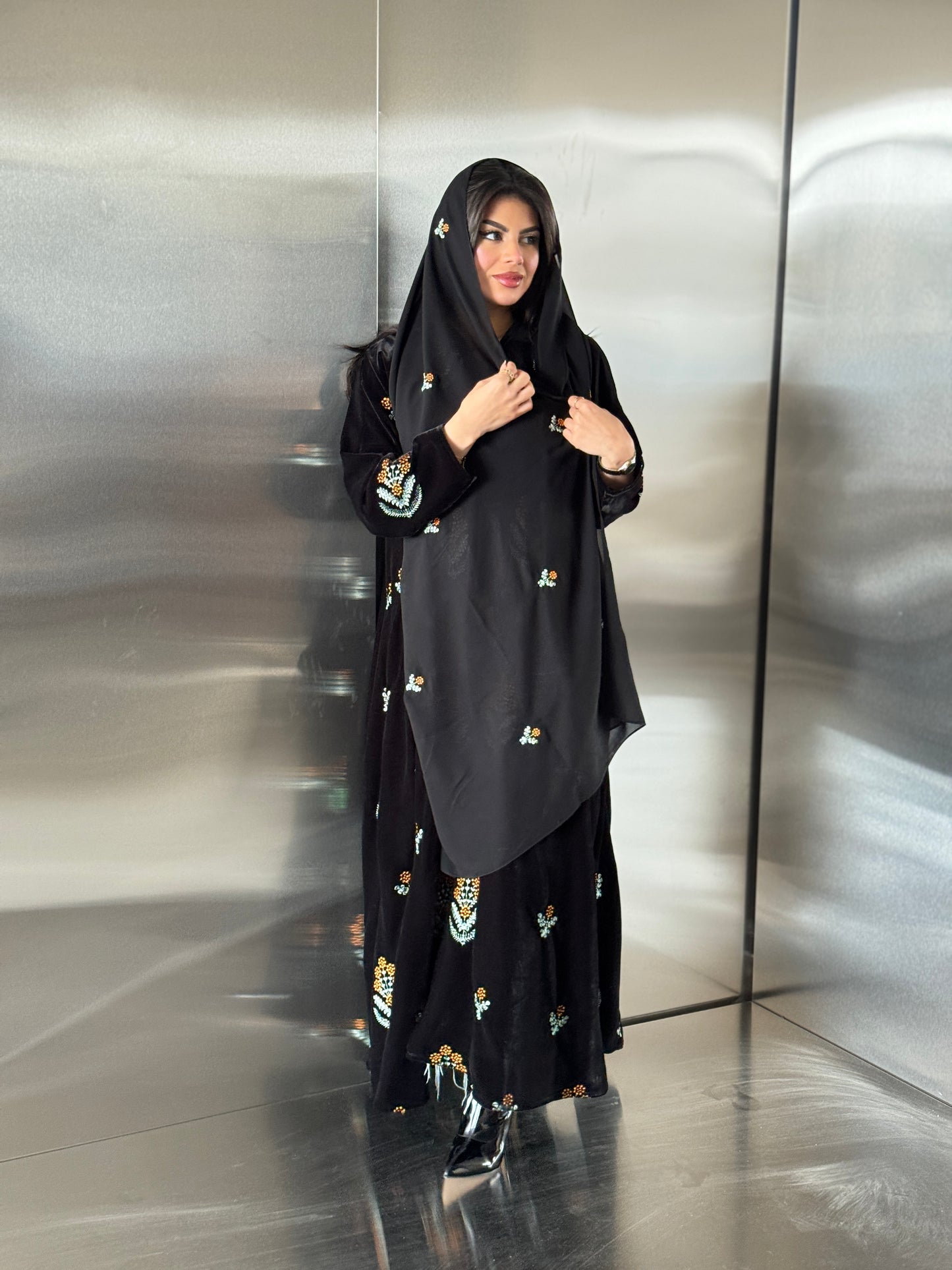 FAB247- Black Velvet with Orange Embroidery A-Cut Abaya Set