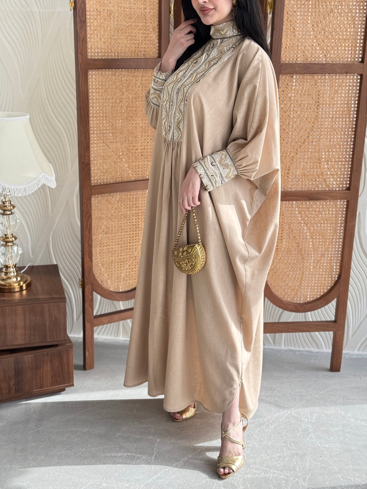 FAB282-Luxurious Beige pure linen high neck jalabiya with full beaded gold embroidery