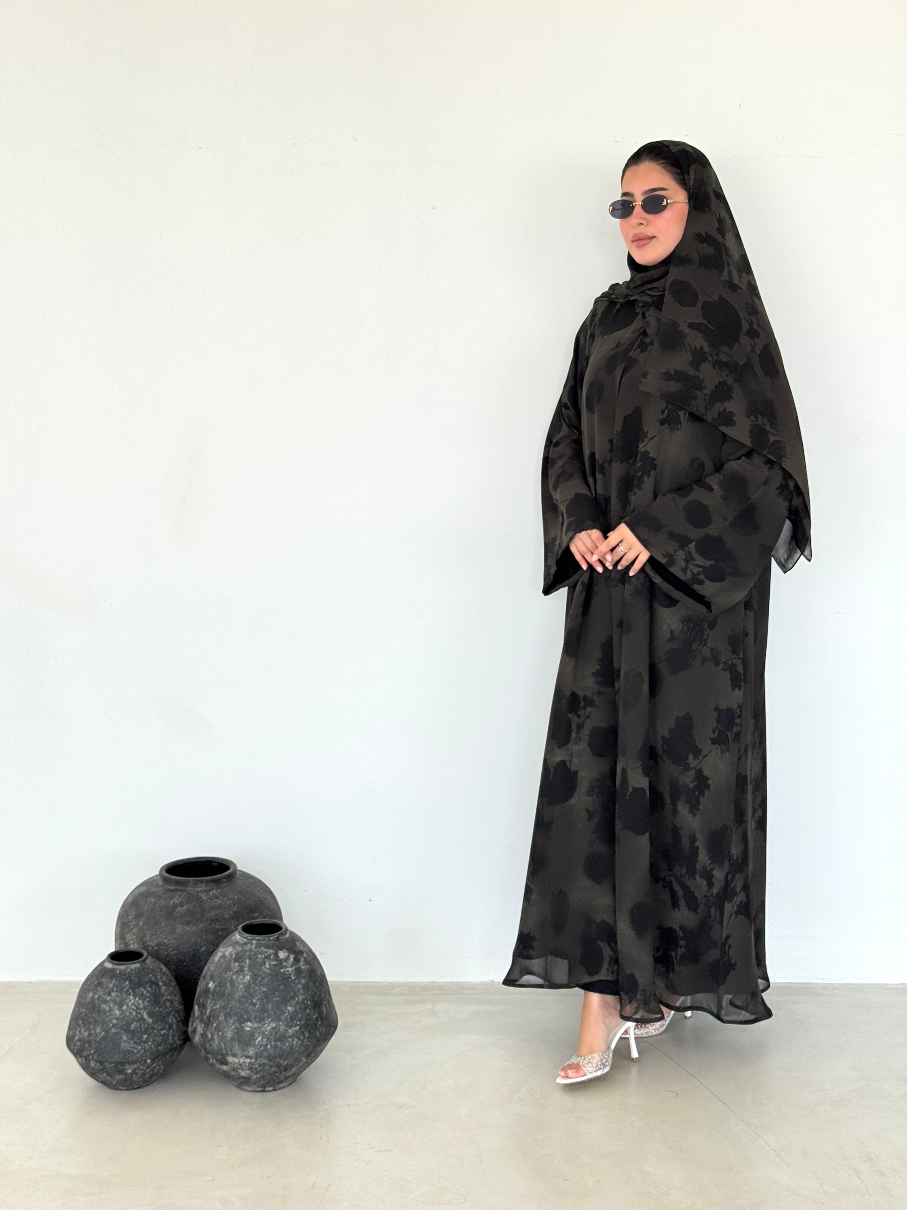 FAB215- Green Printed A-Cut Shiffon Abaya Set
