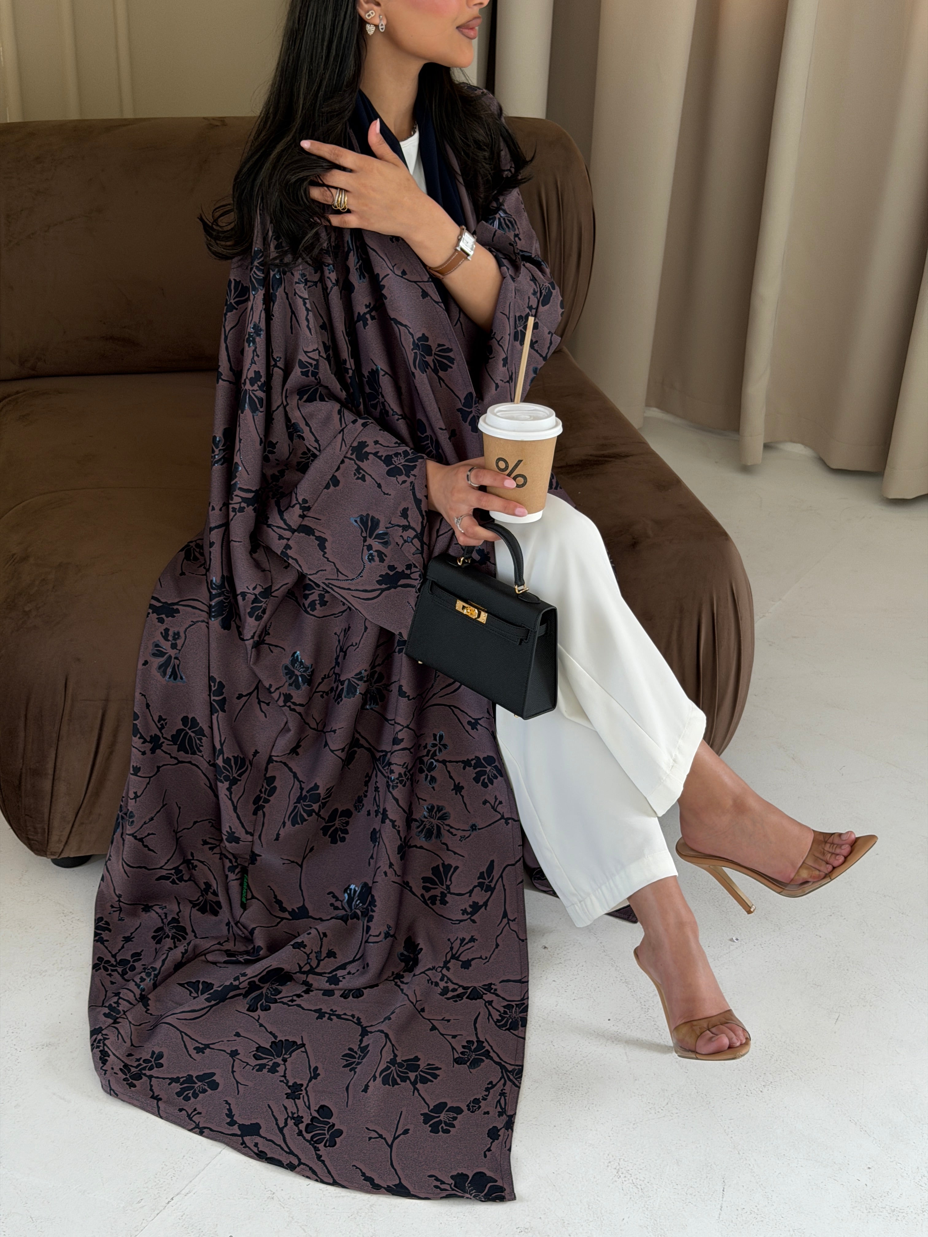 FAB284-Purple Floral Print Half Bisbt Abaya with pipping headscarf