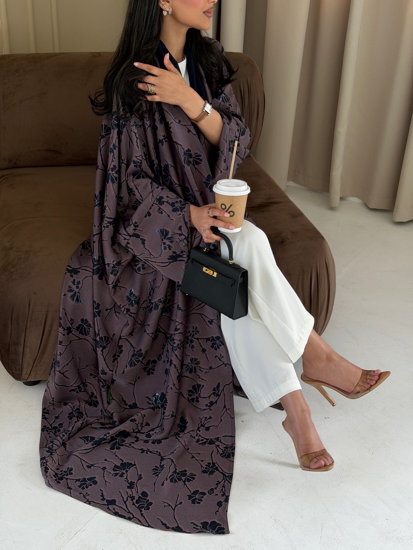 FAB284-Purple Floral Print Half Bisbt Abaya with pipping headscarf