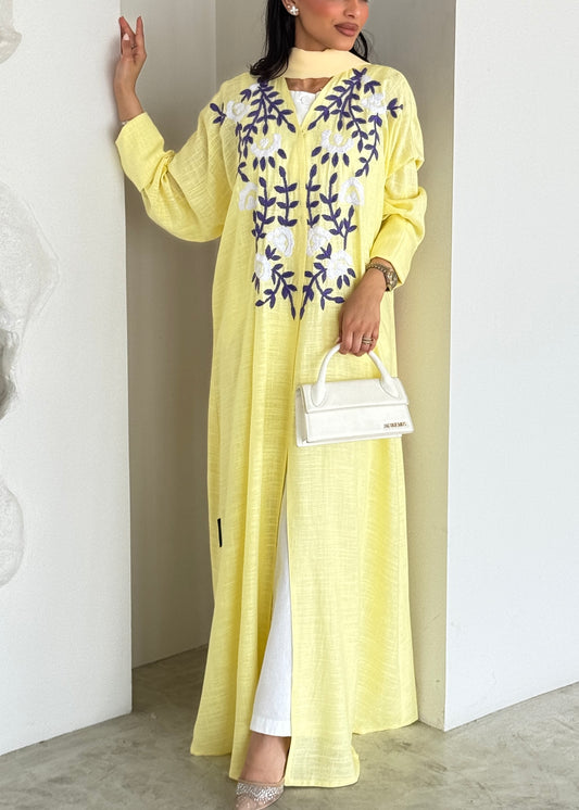 READY TO SHIP- FAB188- Yellow Summer Linen - Half-bisht cut Abaya