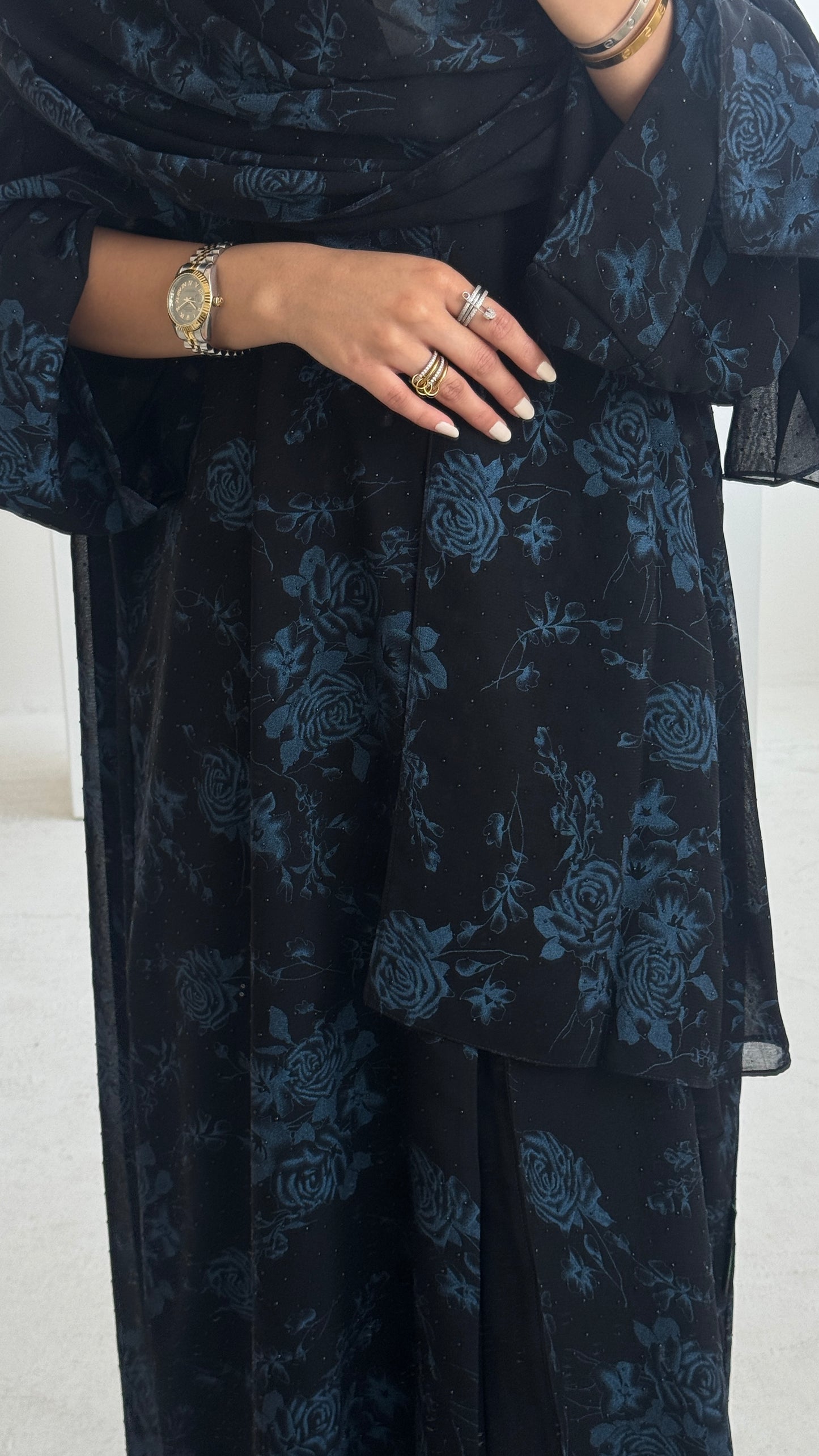 FAB205-Blue Black Chiffon Pattern Summer Abaya with headscarf
