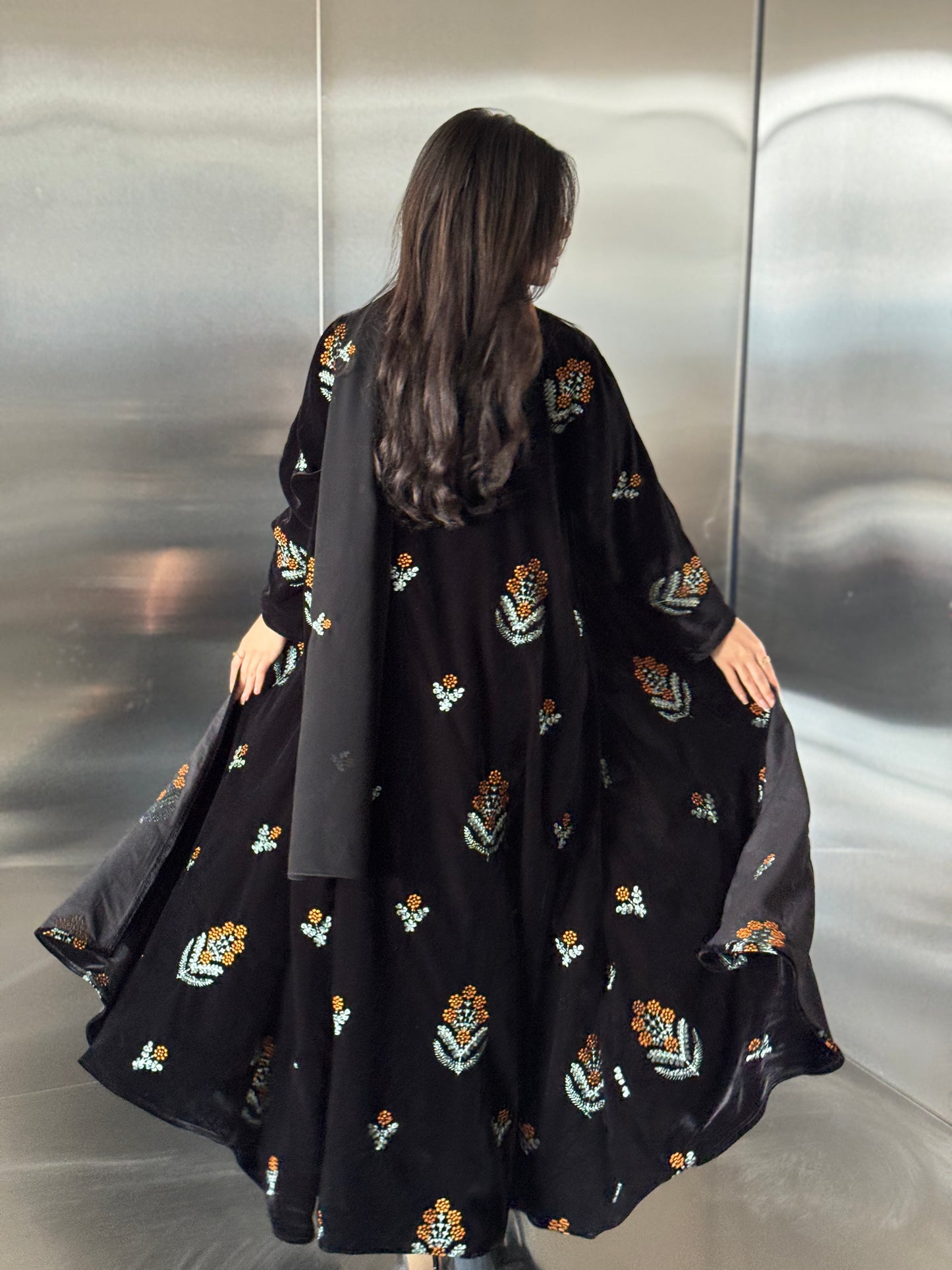 FAB247- Black Velvet with Orange Embroidery A-Cut Abaya Set