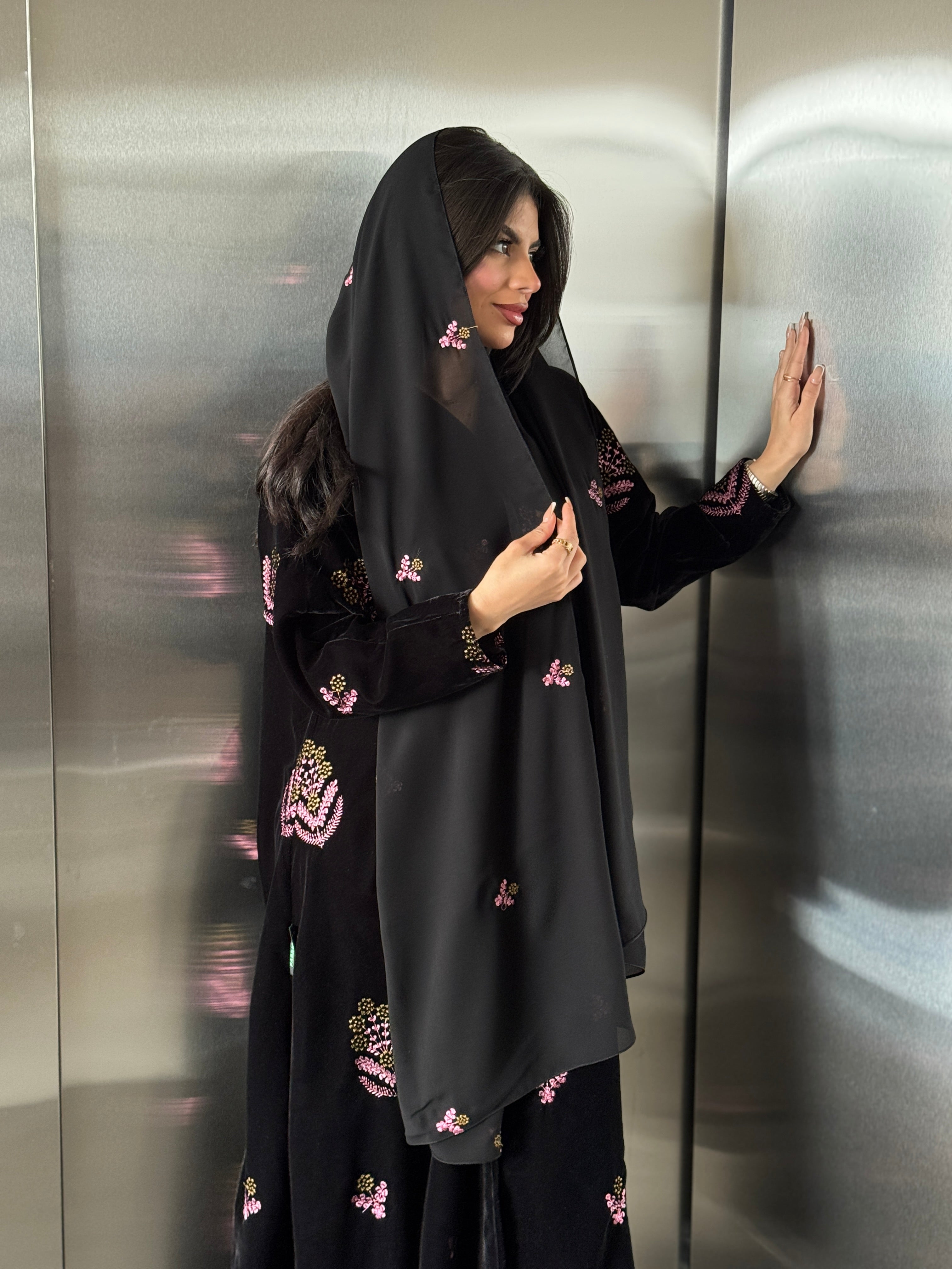 FAB248- Black Velvet with Pink Embroidery A-Cut Abaya Set