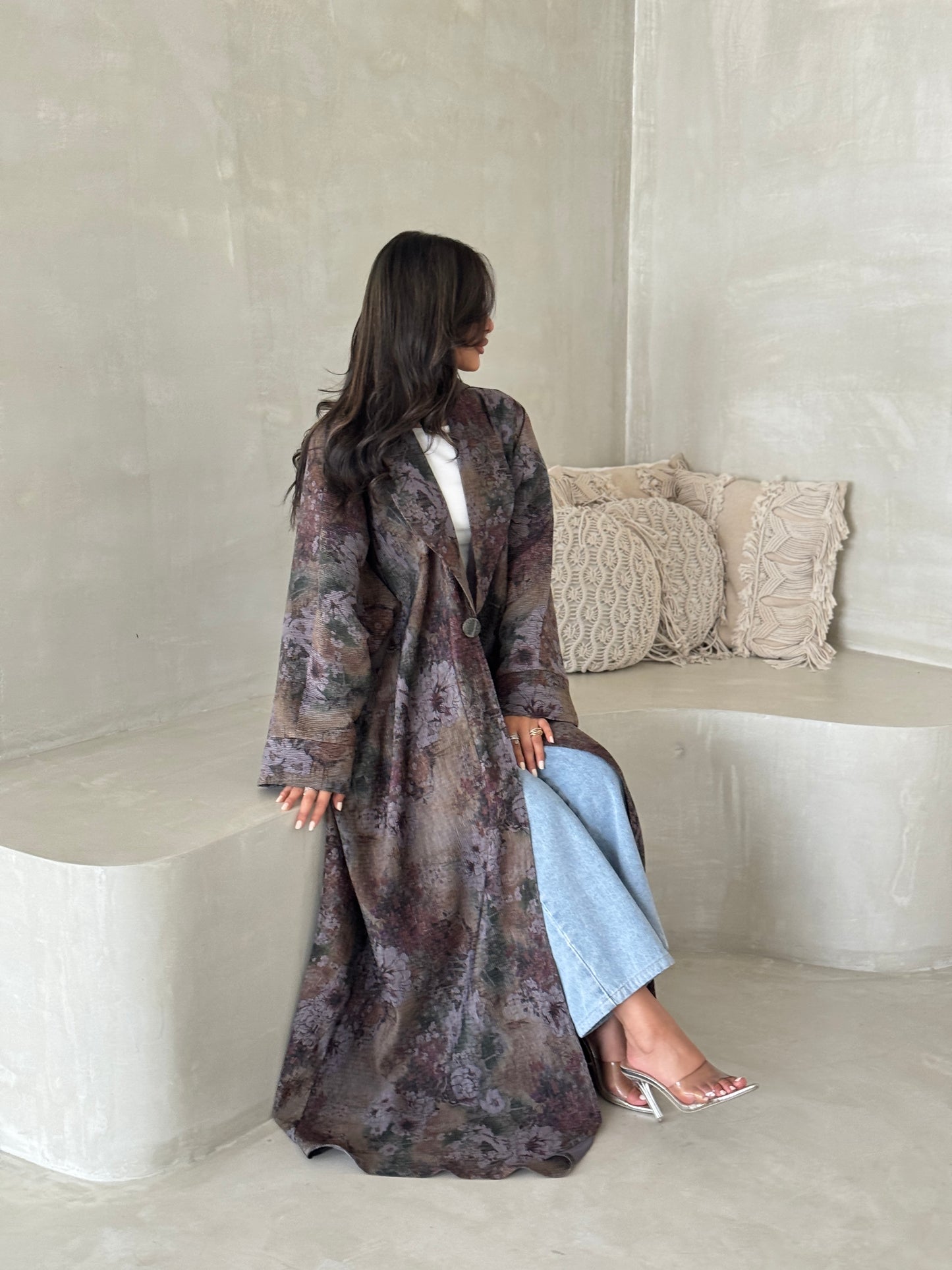 FAB201-Olive Green Grey Pleats Half-Bisht Summer Abaya with matching headscarf