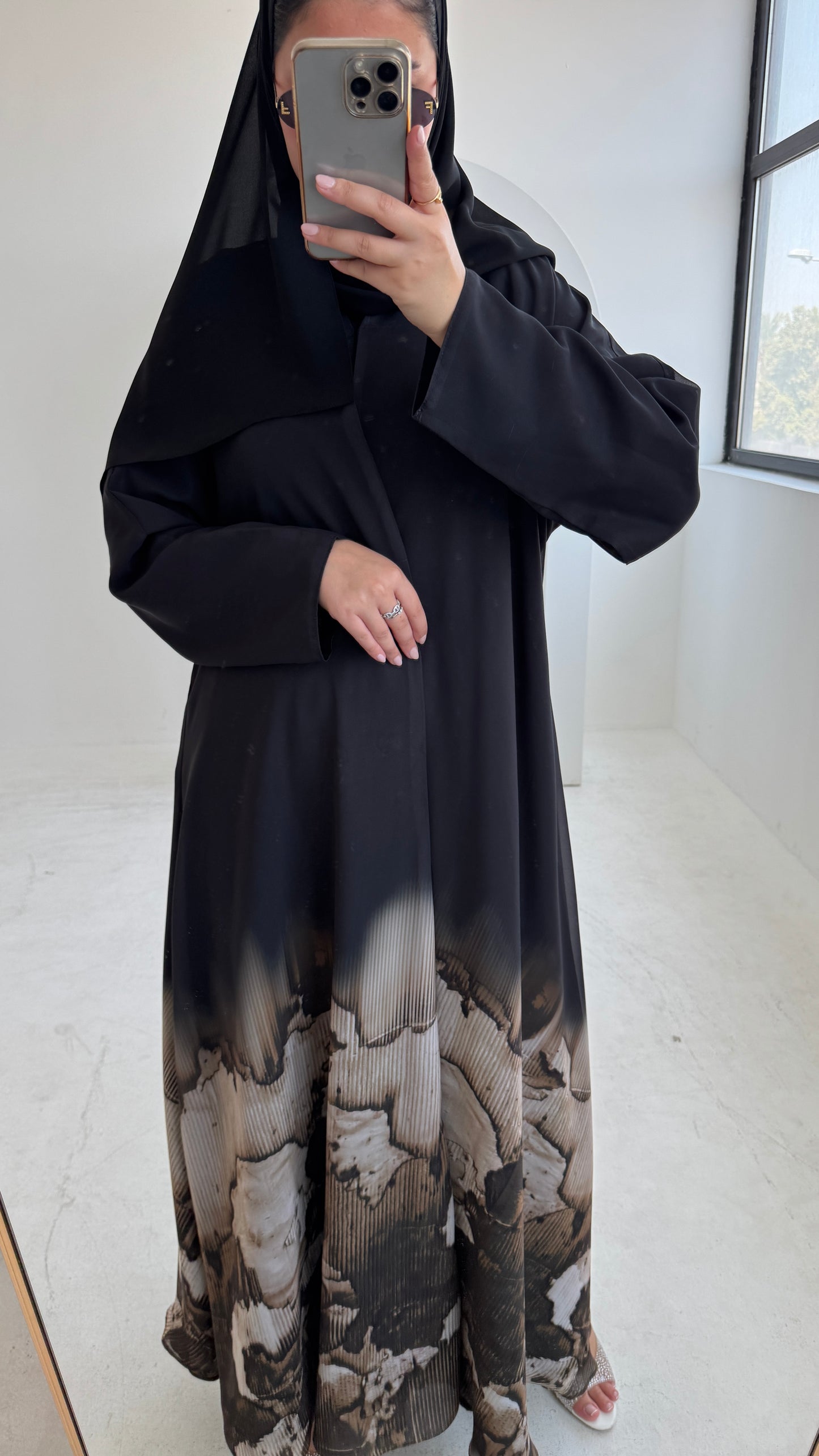 FAB213- Beige Ombre Waves print Shiffon A-cut Abaya with headscarf