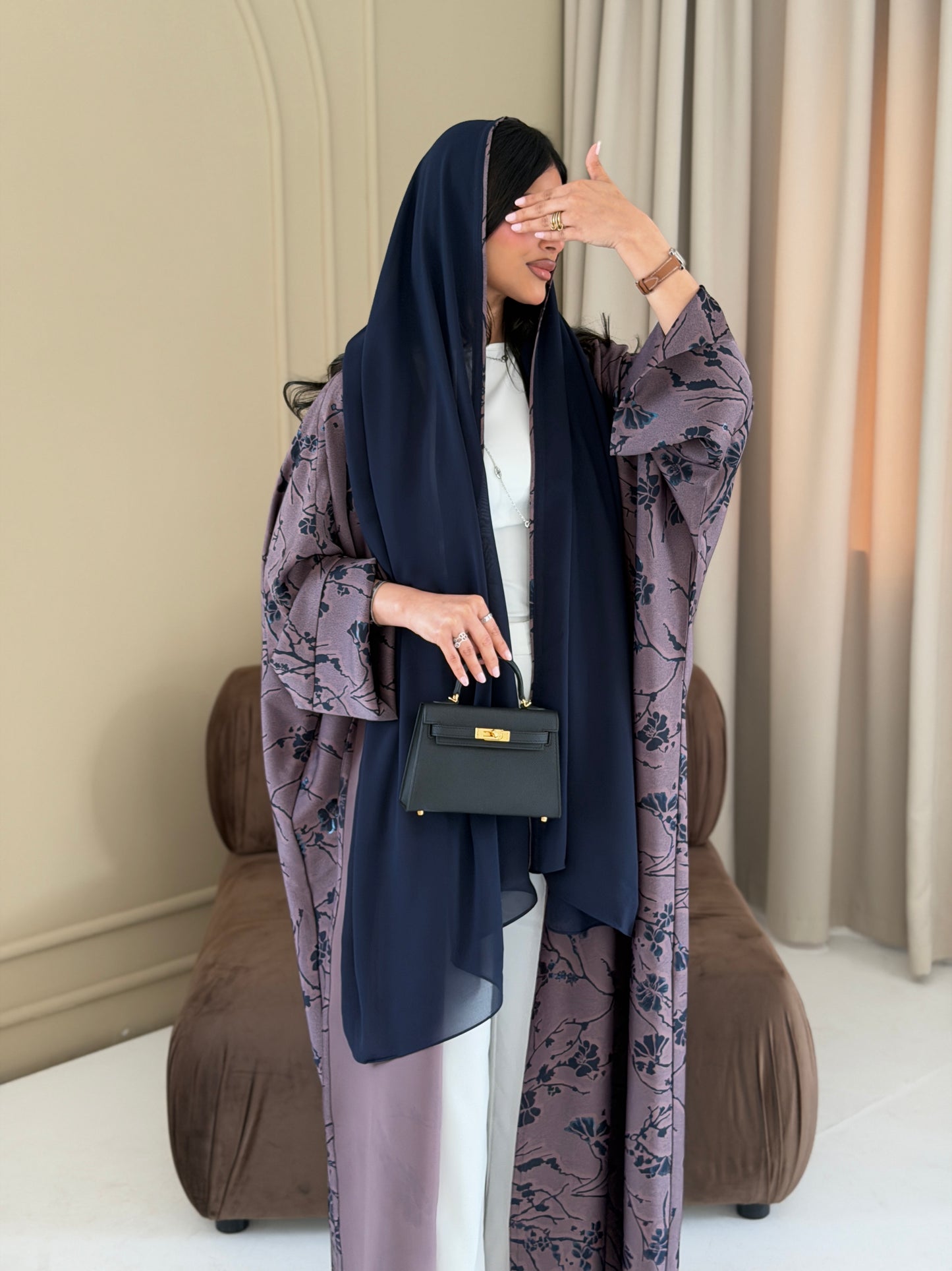 FAB284-Purple Floral Print Half Bisbt Abaya with pipping headscarf