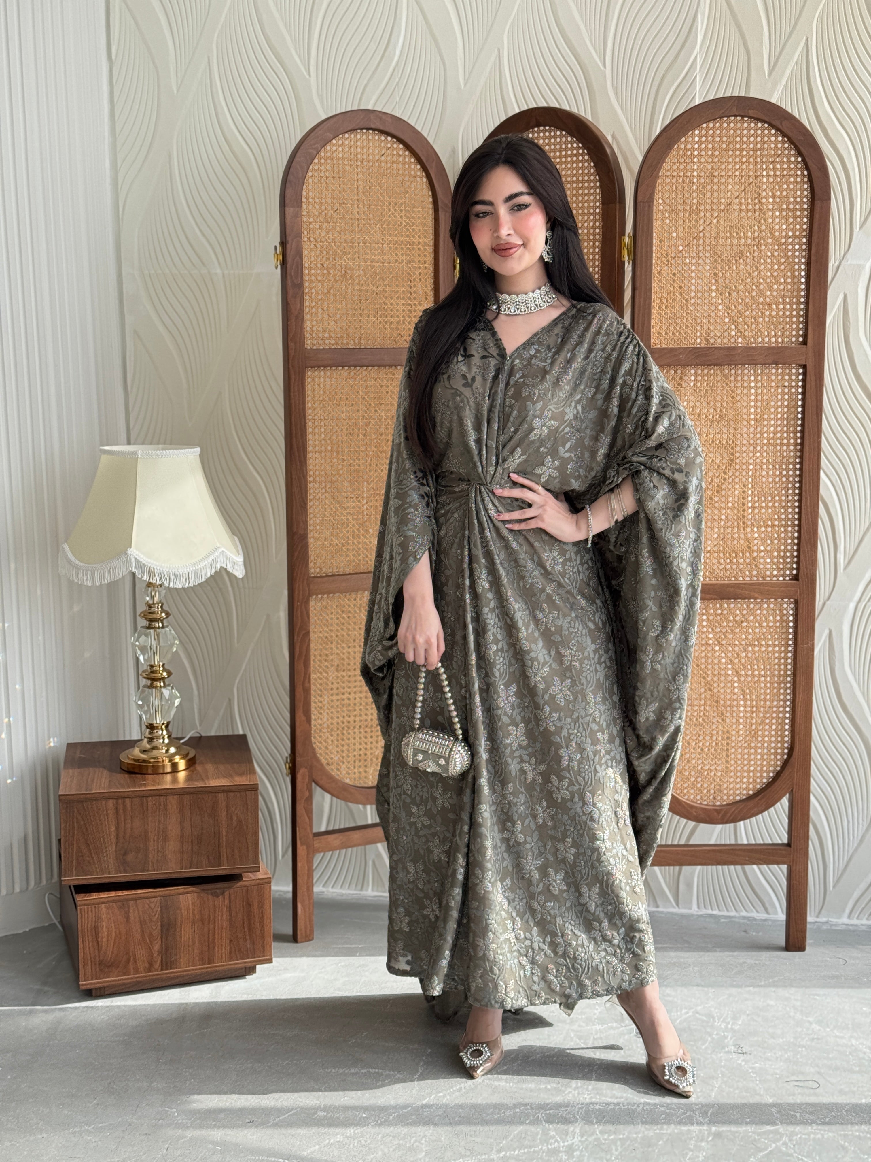 FAB259- Bronze Olive wrap jalabiya with velvet floral shimmer