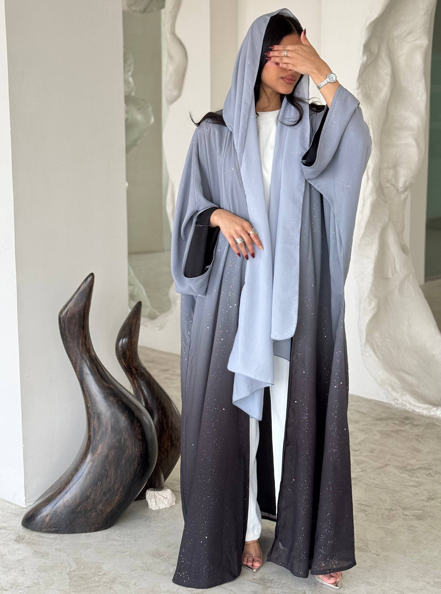 FAB163- Grey Ombre Glitter Abaya with matching headscarf
