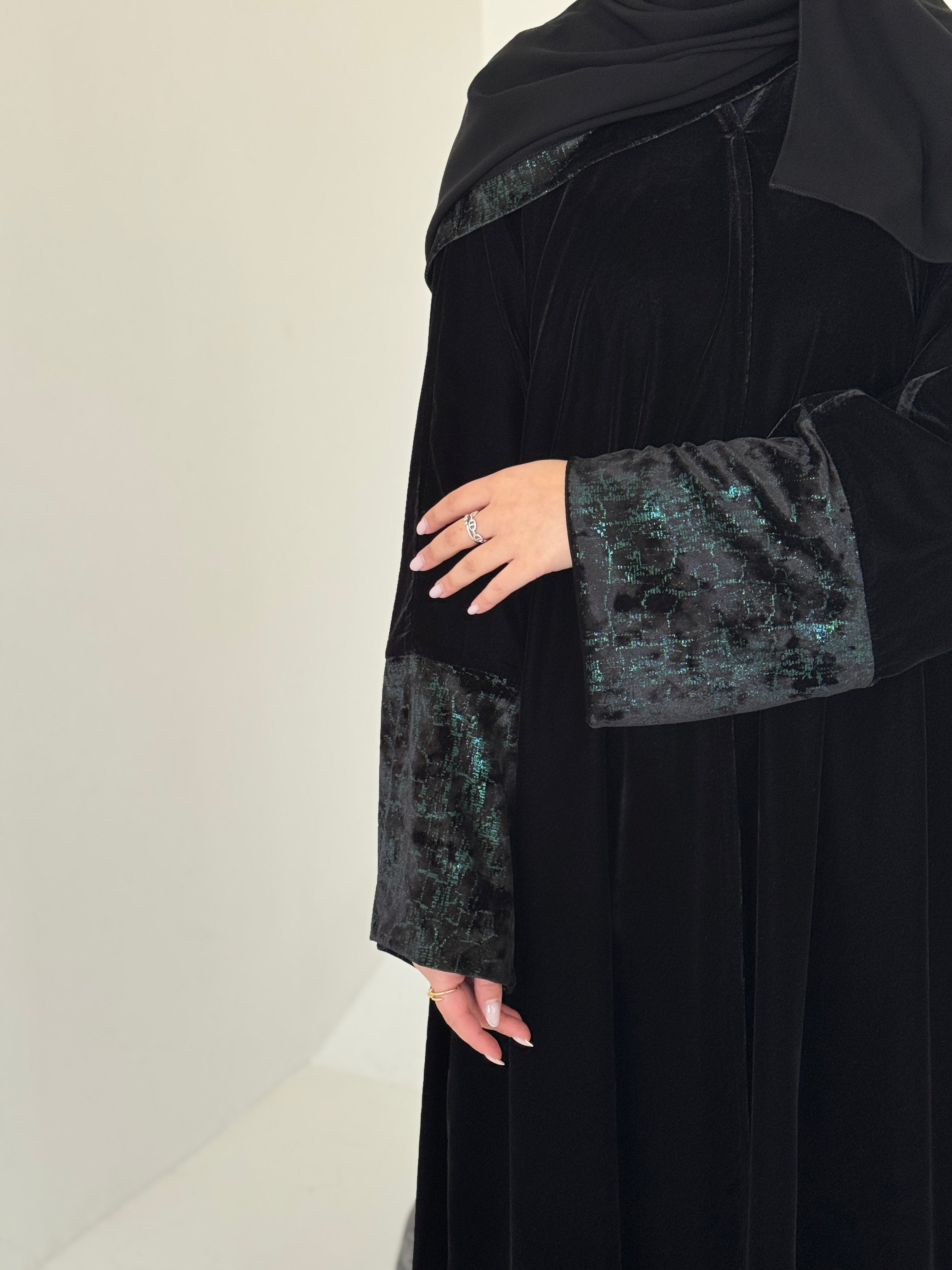 FAB246-Green Metallic Black Velvet Abaya with Metallic pipping headscarf