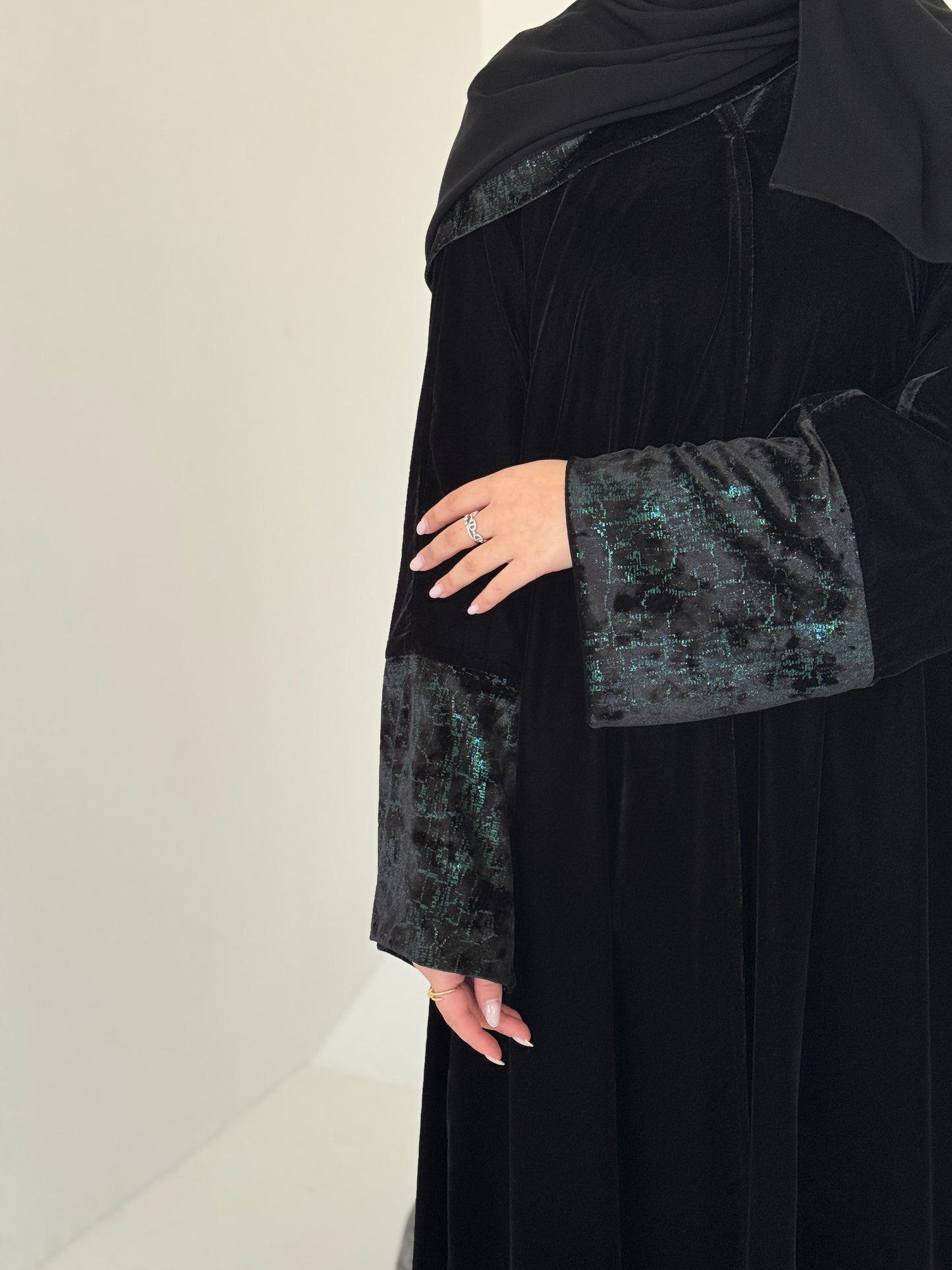 FAB246-Green Metallic Black Velvet Abaya with Metallic pipping headscarf