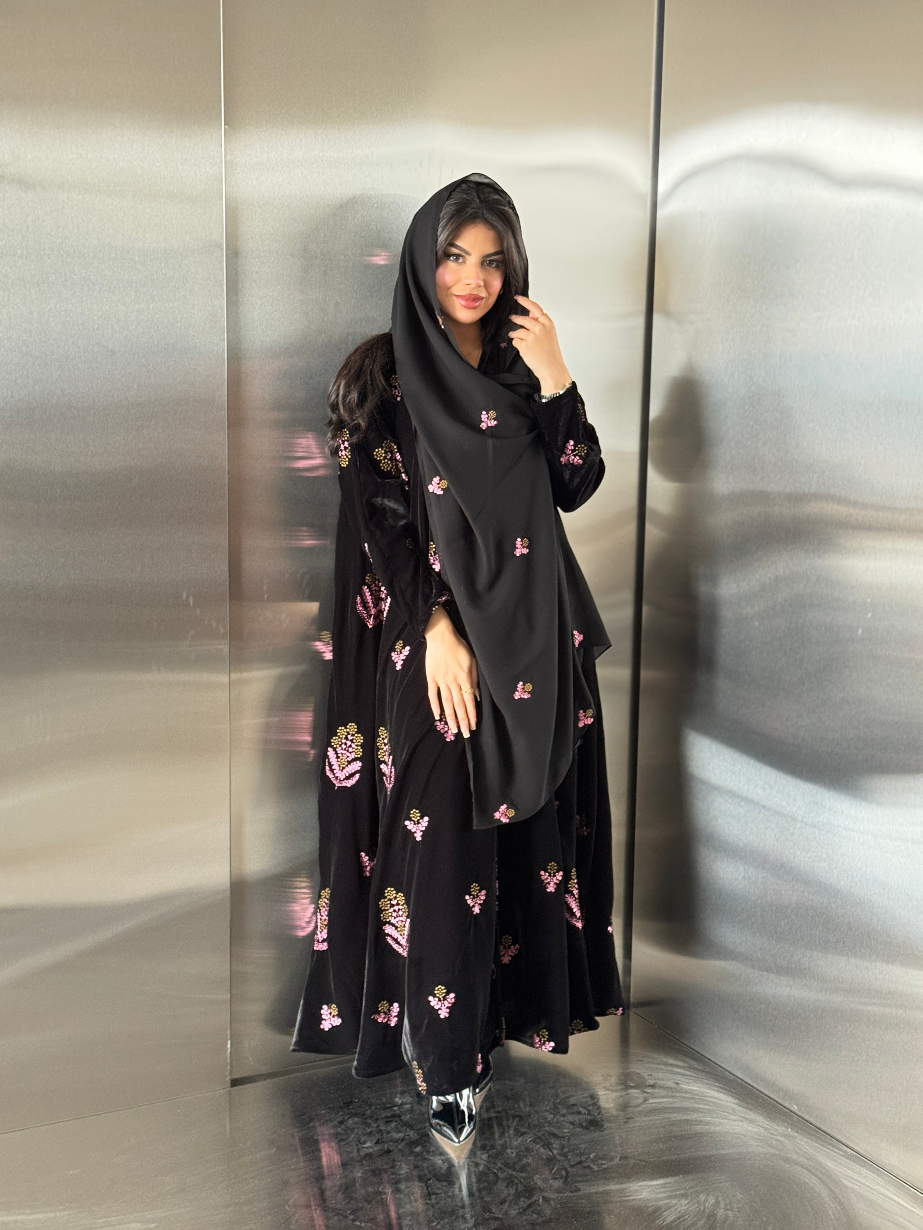 FAB248- Black Velvet with Pink Embroidery A-Cut Abaya Set