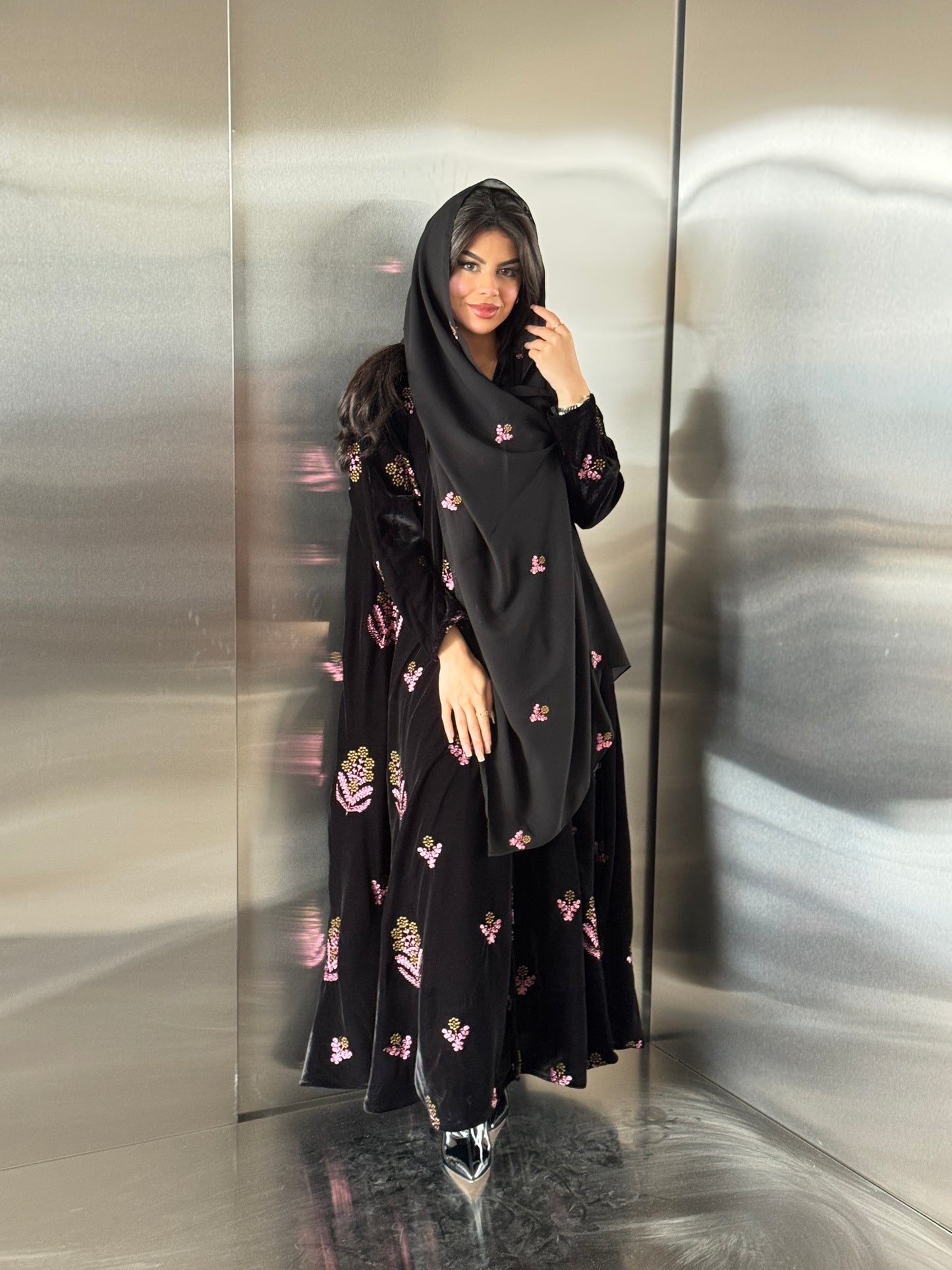 FAB248- Black Velvet with Pink Embroidery A-Cut Abaya Set